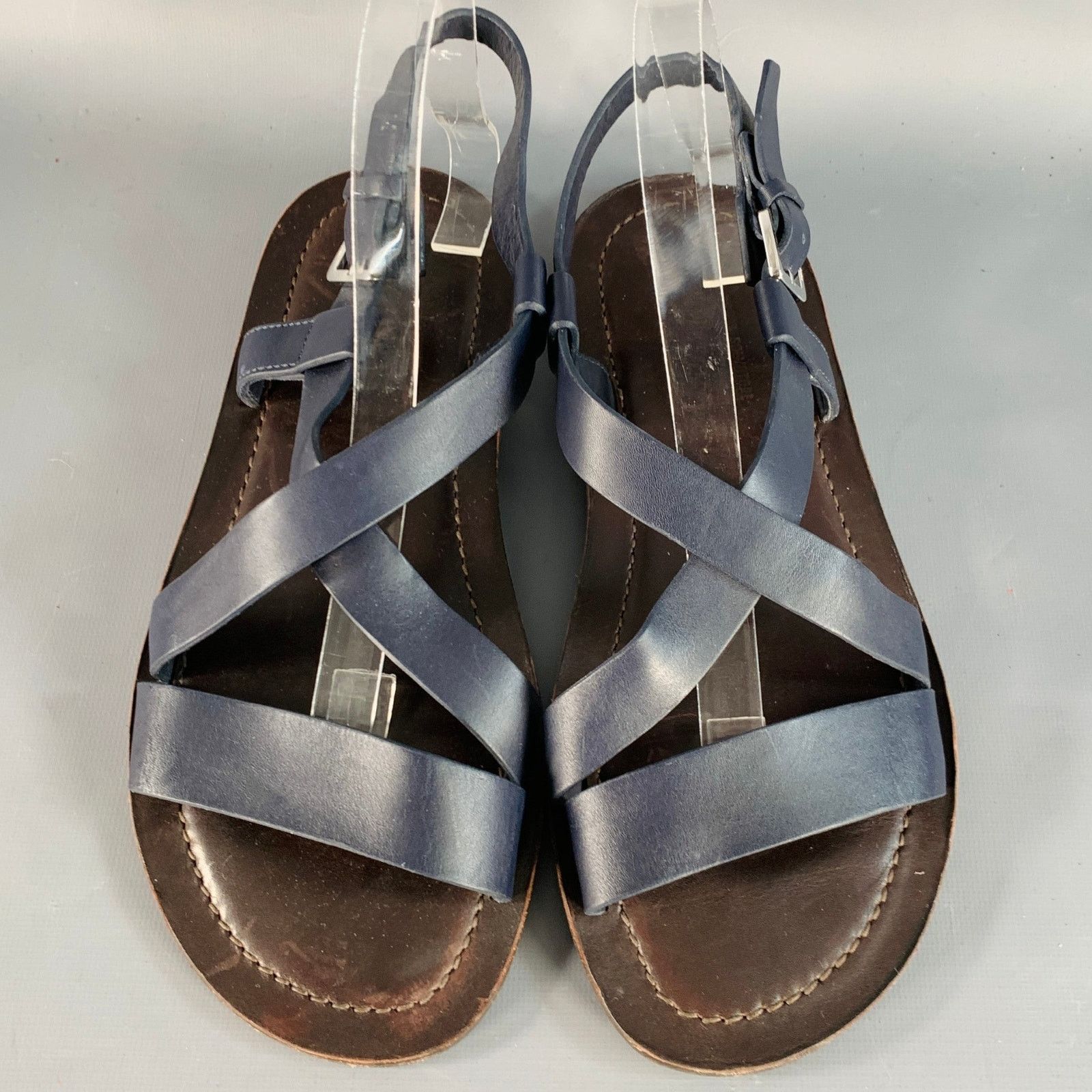 Salvatore Ferragamo Size 8 Navy Brown Leather Strappy Sandals Size US 8 / EU 41 - 4 Thumbnail