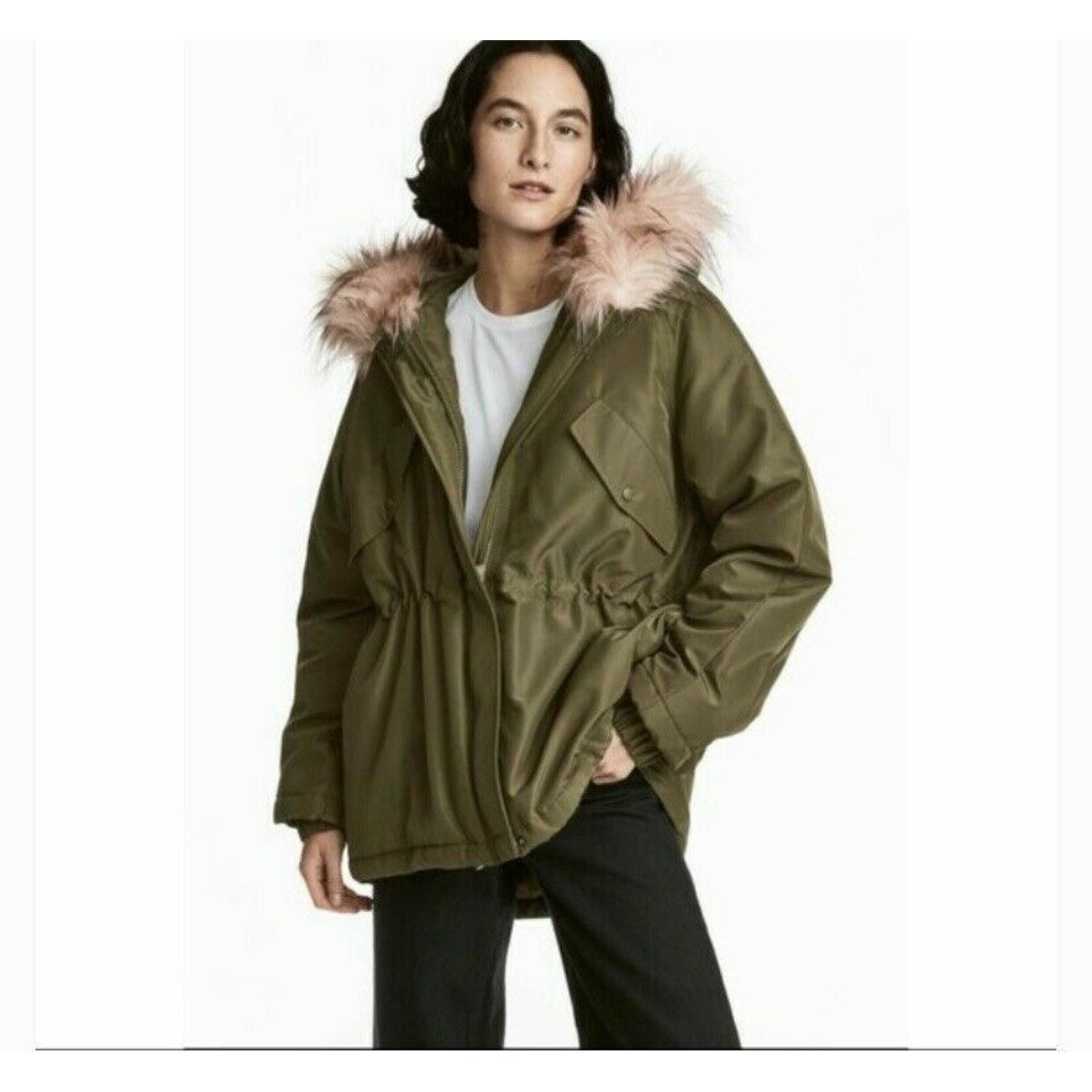 H&M H&M Parka Jacket Women M Khaki Green Hood Faux Fur Trim Coat Size M / US 6-8 / IT 42-44 - 1 Thumbnail