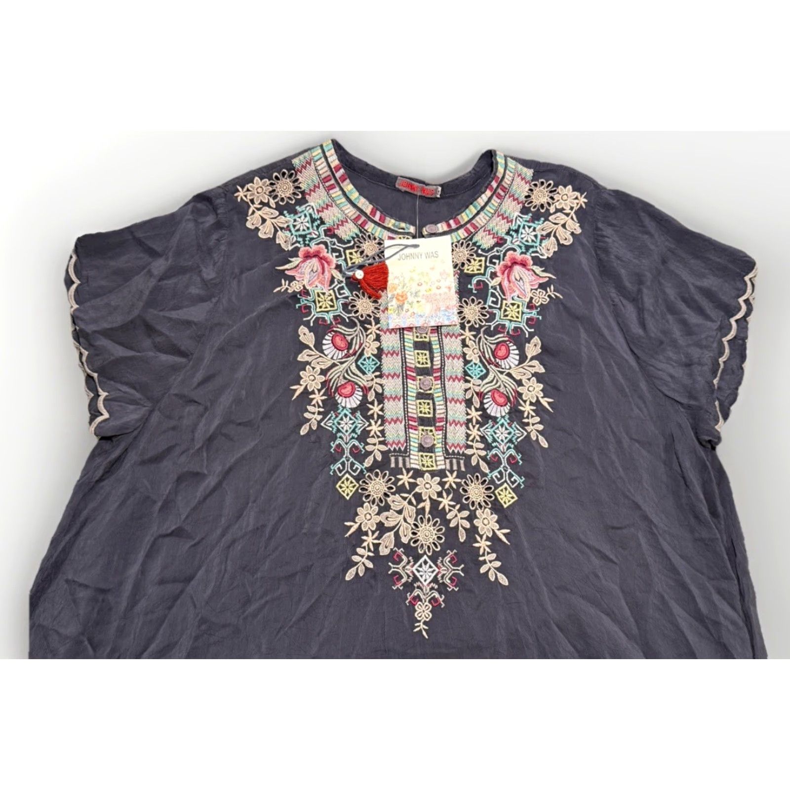 Johnny Was Johnny Was Tunic Womens XL Multicolor Embroidered Floral Bohemian Cupro Breathable Lightweight Round Neck Short Sleeve Size XL / US 12-14 / IT 48-50 - 7 Thumbnail