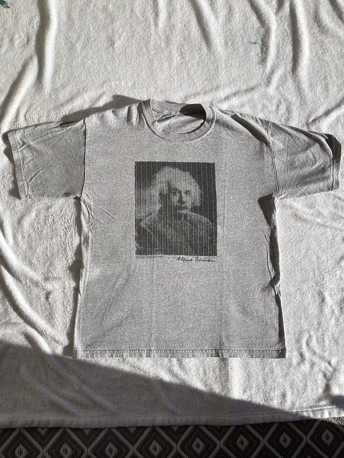 image of Vintage VTG 98 Albert Einstein Reality Is An Allusion E = Mc Aop Tee in Grey, Men's (Size XL)