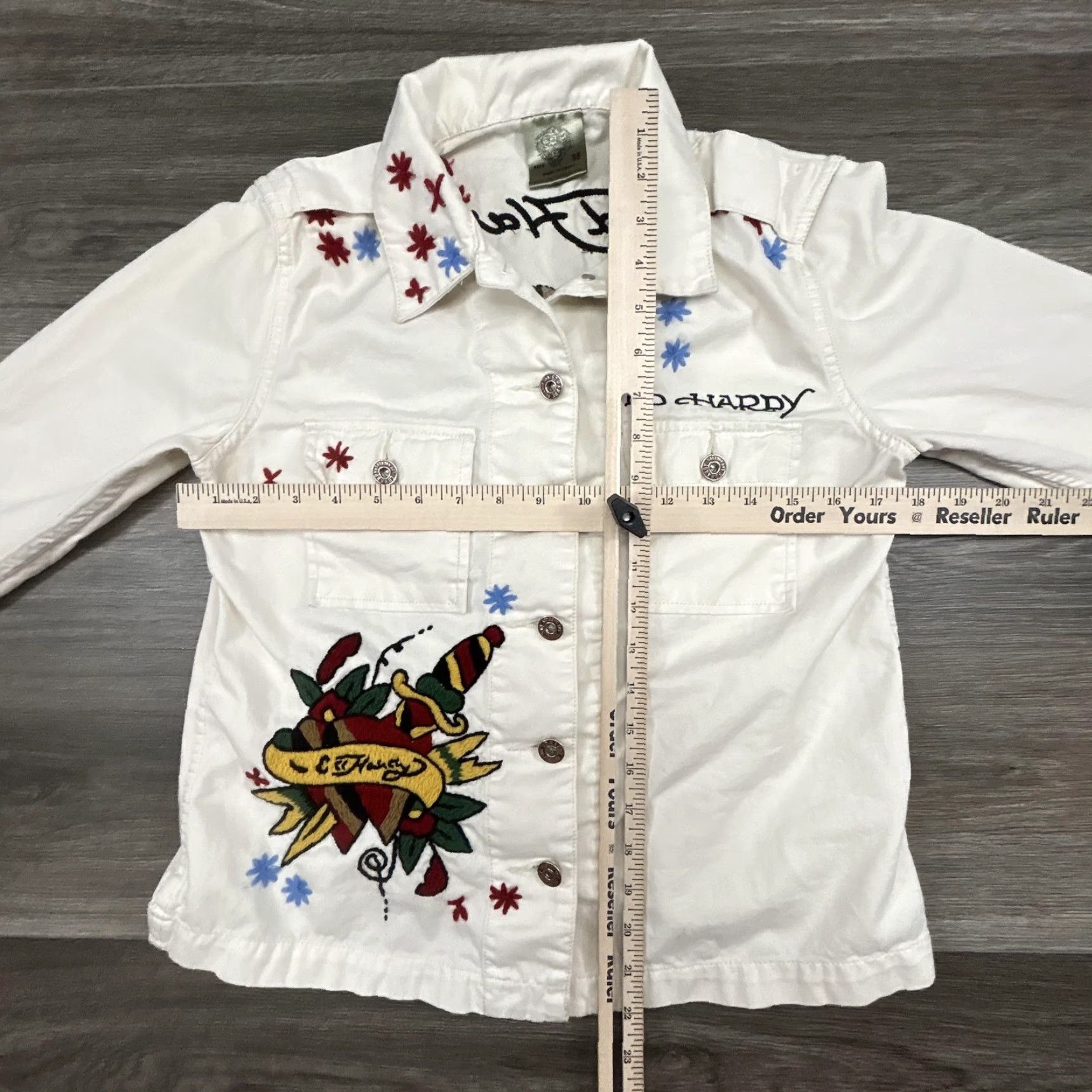 Ed Hardy VINTAGE Ed Hardy Jacket Womens M White Embroidered Tattoo Rose Graphic Denim Y2K Spring Short Sleeve? Size M / US 6-8 / IT 42-44 - 8 Thumbnail