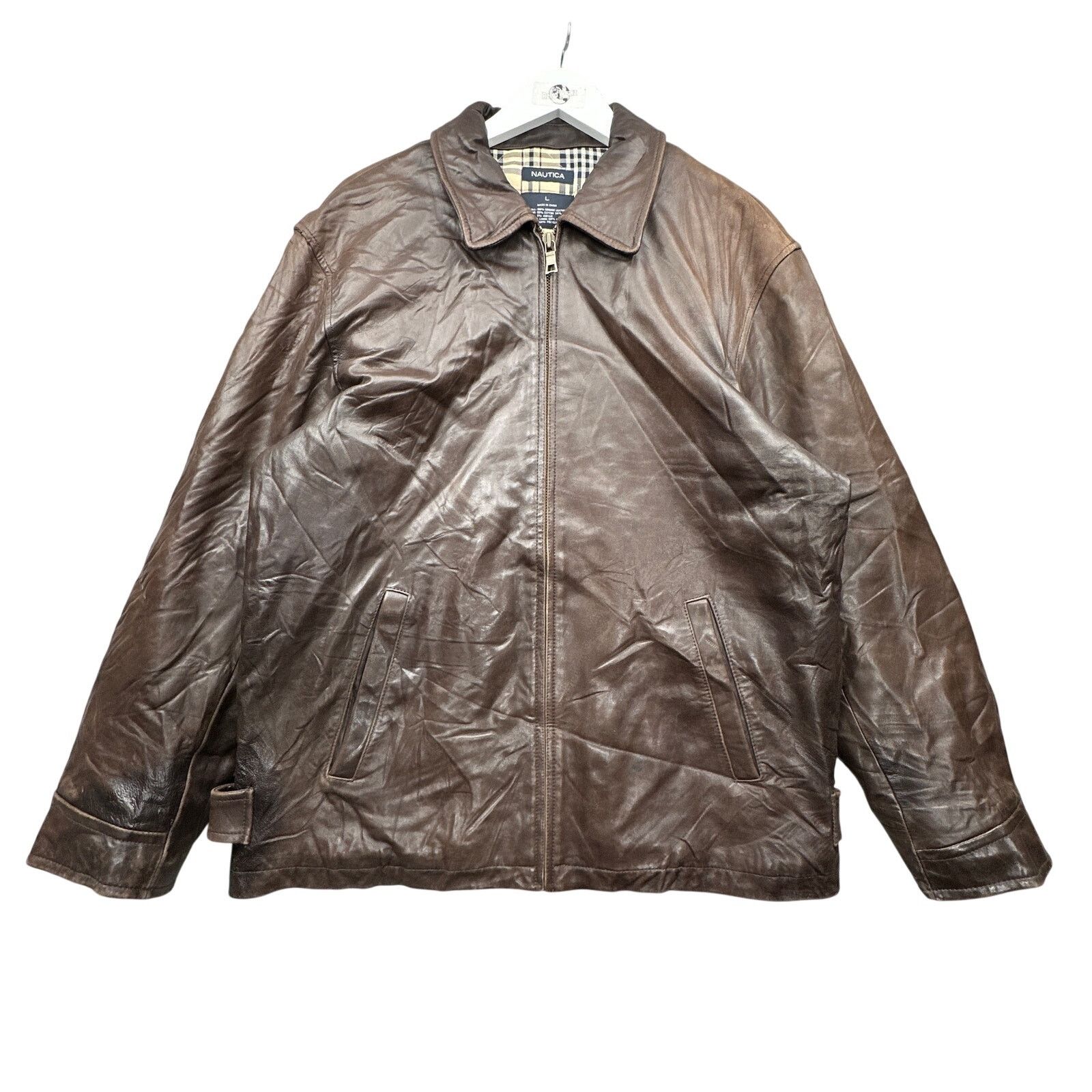 Nautica Leather Full Zip Lined Jacket Mens Large Brown