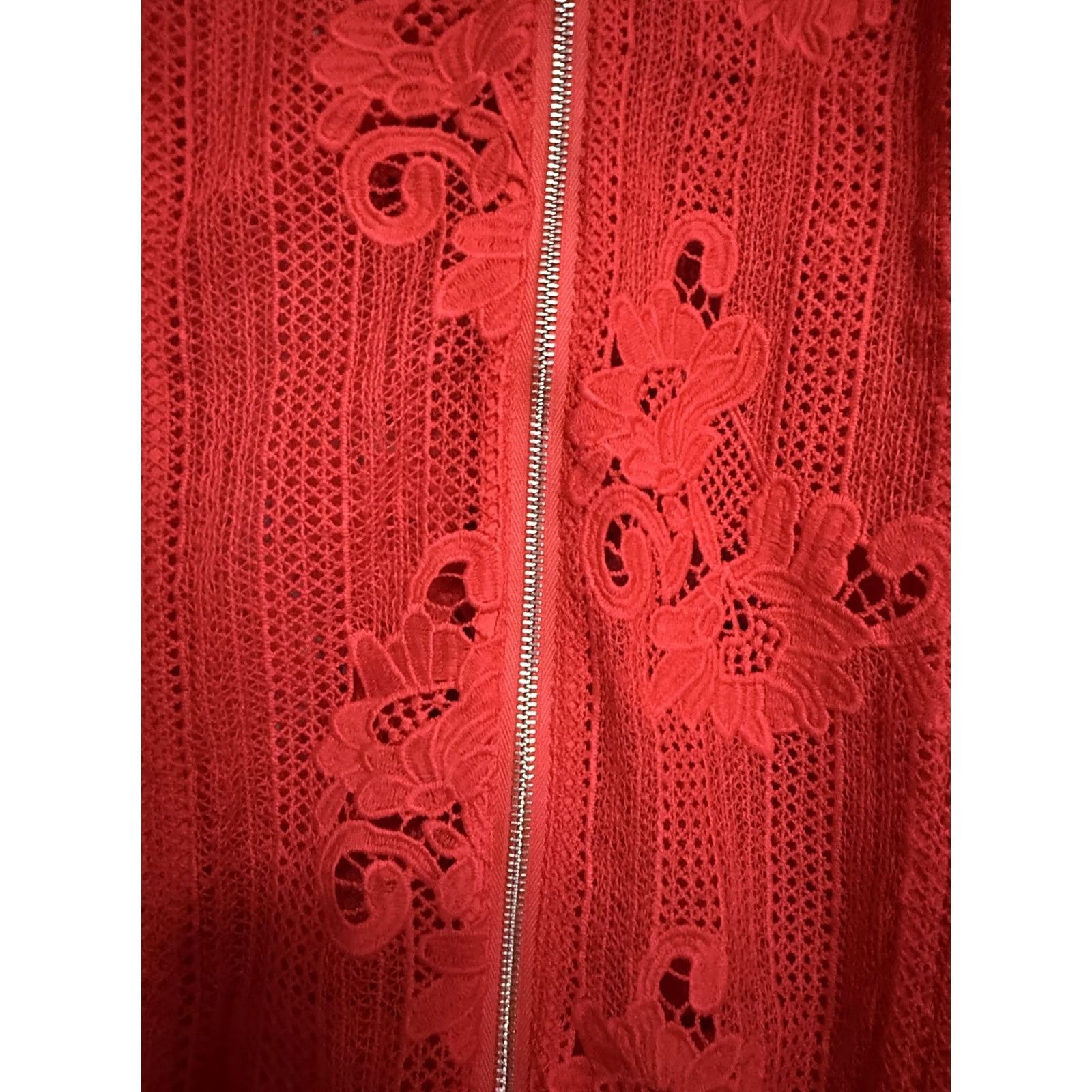 Vintage Chico's Jacket Womens 2 Red Lace Floral Bomber Zip Front Sheer Unlined Size XS / US 0-2 / IT 36-38 - 7 Thumbnail