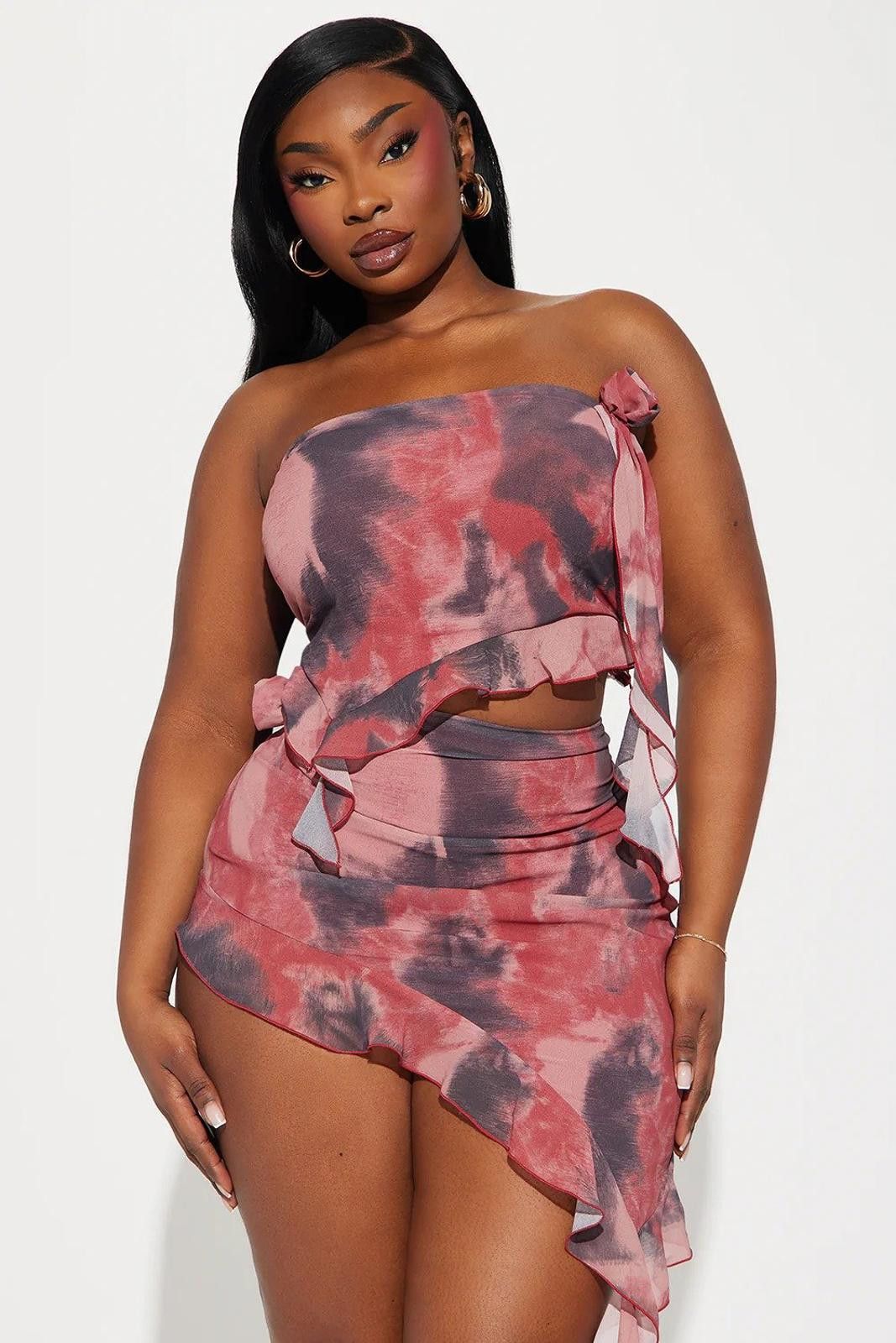 Fashion Nova Got Me Looking Chiffon Ruffle Skirt Set - Red/combo Size 40" / US 18 - 1 Thumbnail