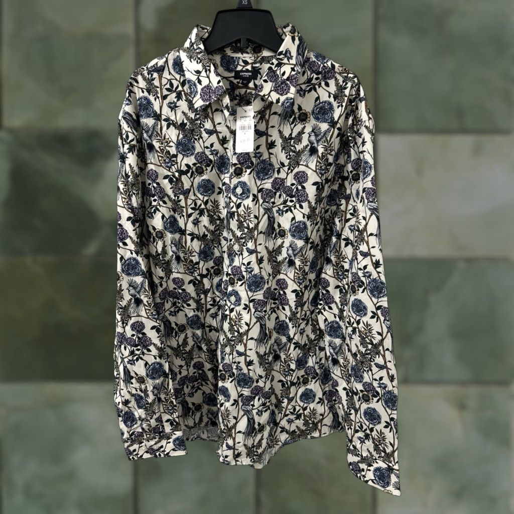Express Express Shirt Mens XL White Slim Fit Floral Botanical Bird Print Button Down L/S Shirt Size US XL / EU 56 / 4 - 1 Thumbnail
