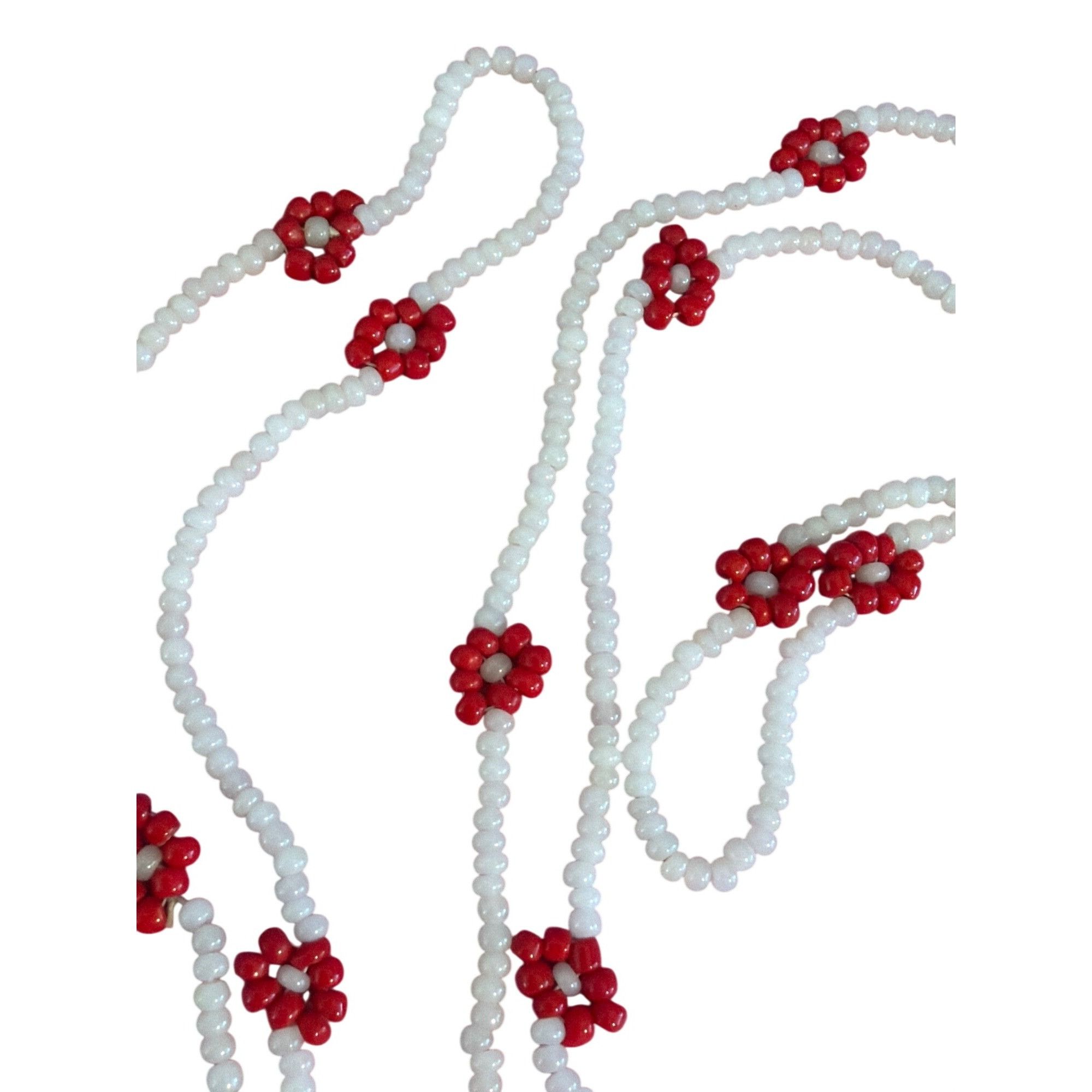 Other Vintage Seed Bead Necklace White Red Flowers No Clasp 43" Bo Size ONE SIZE - 3 Thumbnail