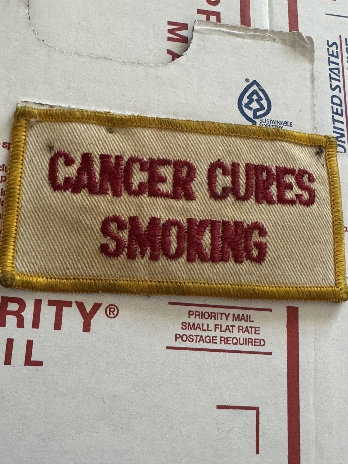 CANCER CURES SMOKING Vintage Sew On Patch USA