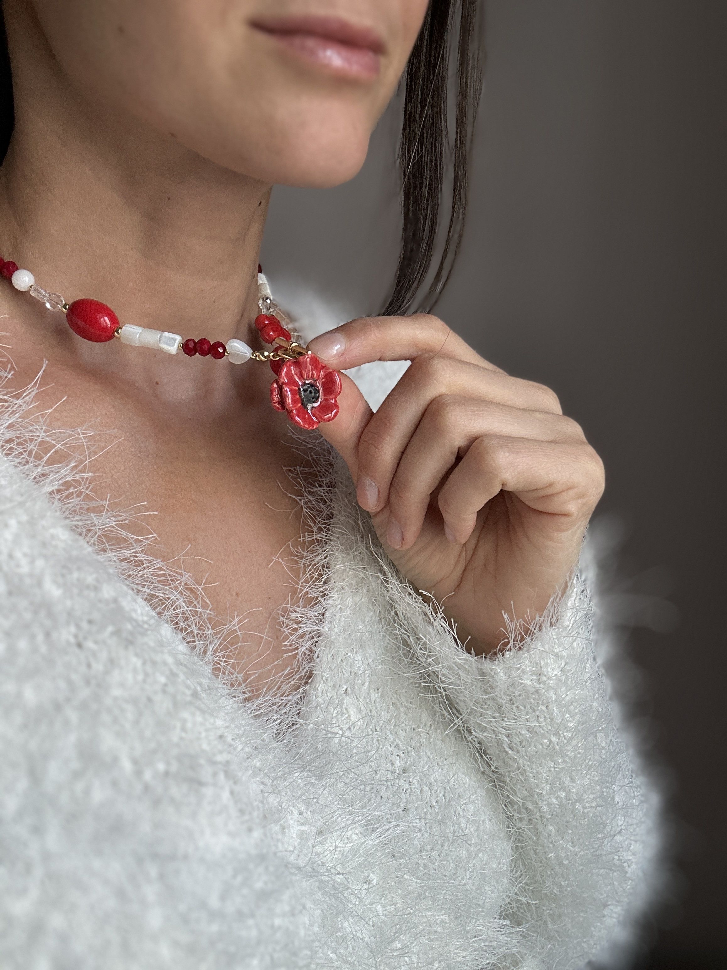 Other Handmade Ceramic Poppy Necklace – Floral Jewelry Size ONE SIZE - 6 Thumbnail