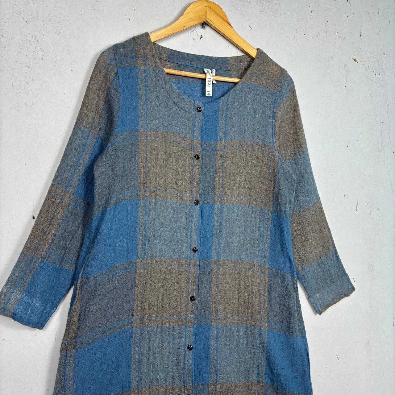Japanese Brand Ichi Japan Wool Check Tunic Dress Lagenlook Mori Grey OS Size S / US 4 / IT 40 - 3 Thumbnail