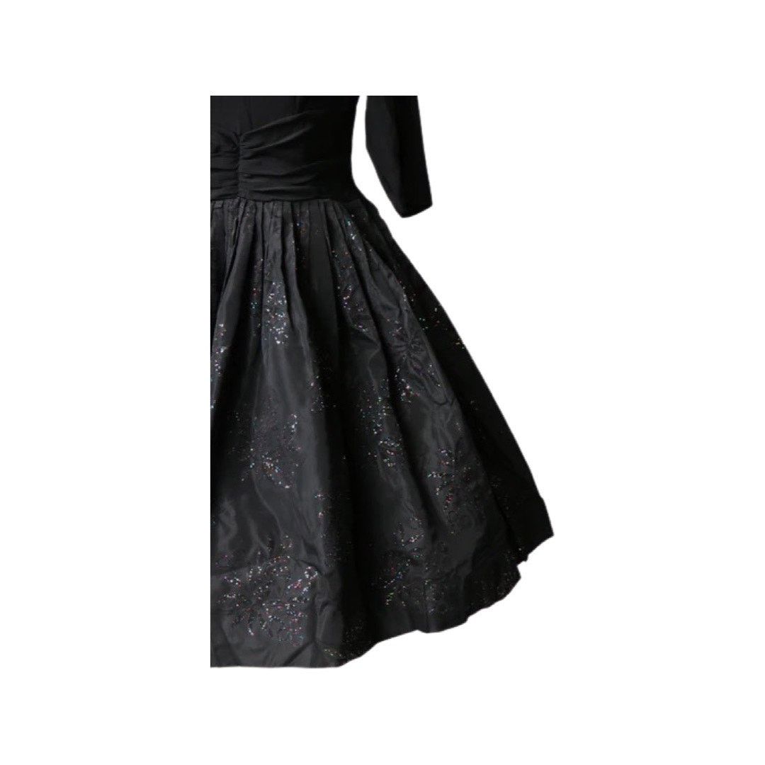 Vintage Vintage 1950s Black Evening Dress Flocked Skirt Glitter Med Size M / US 6-8 / IT 42-44 - 7 Thumbnail