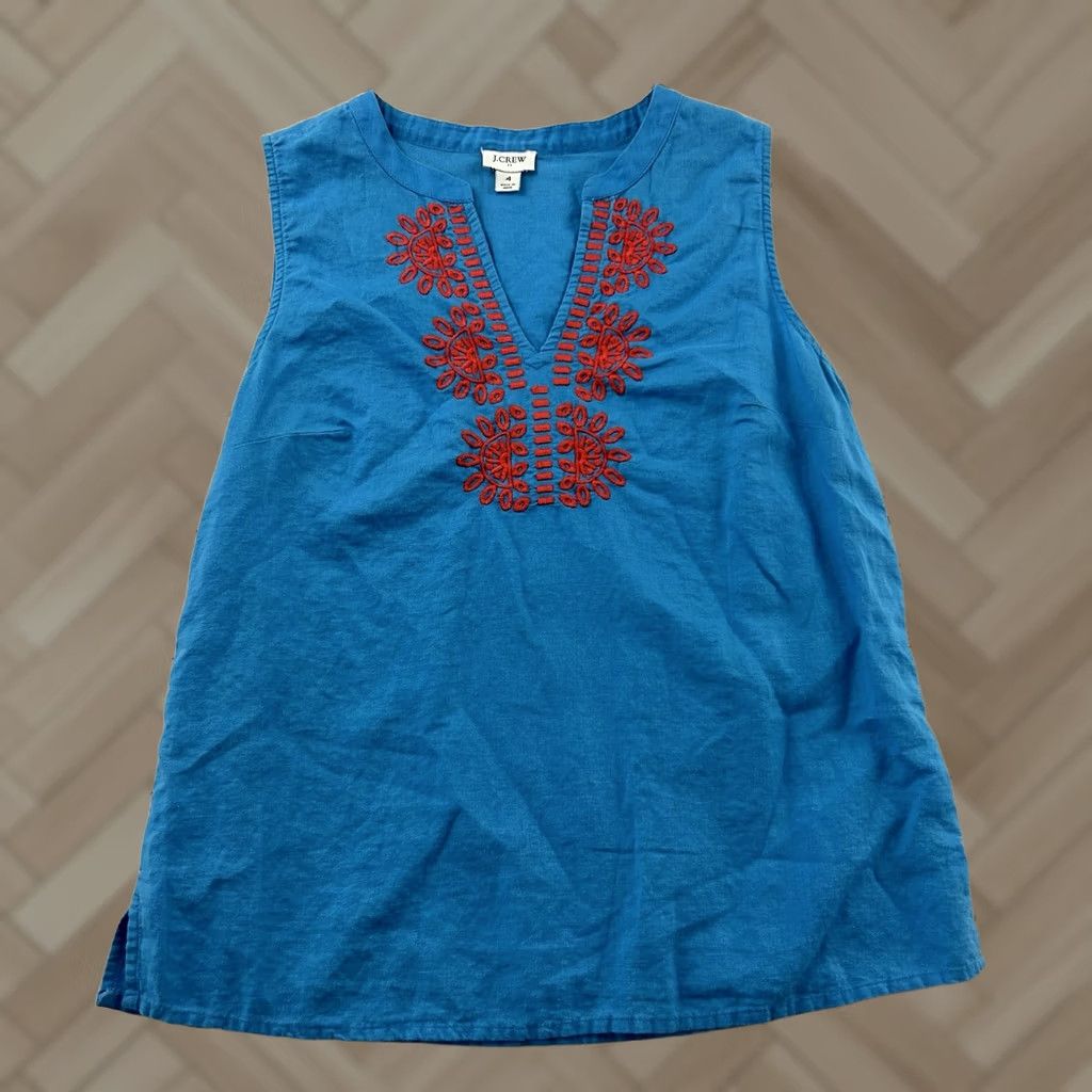 J.Crew J.Crew Sleeveless Linen Cotton Blend Embroidered Shirt Women's 4 Blue Size S / US 4 / IT 40 - 1 Thumbnail