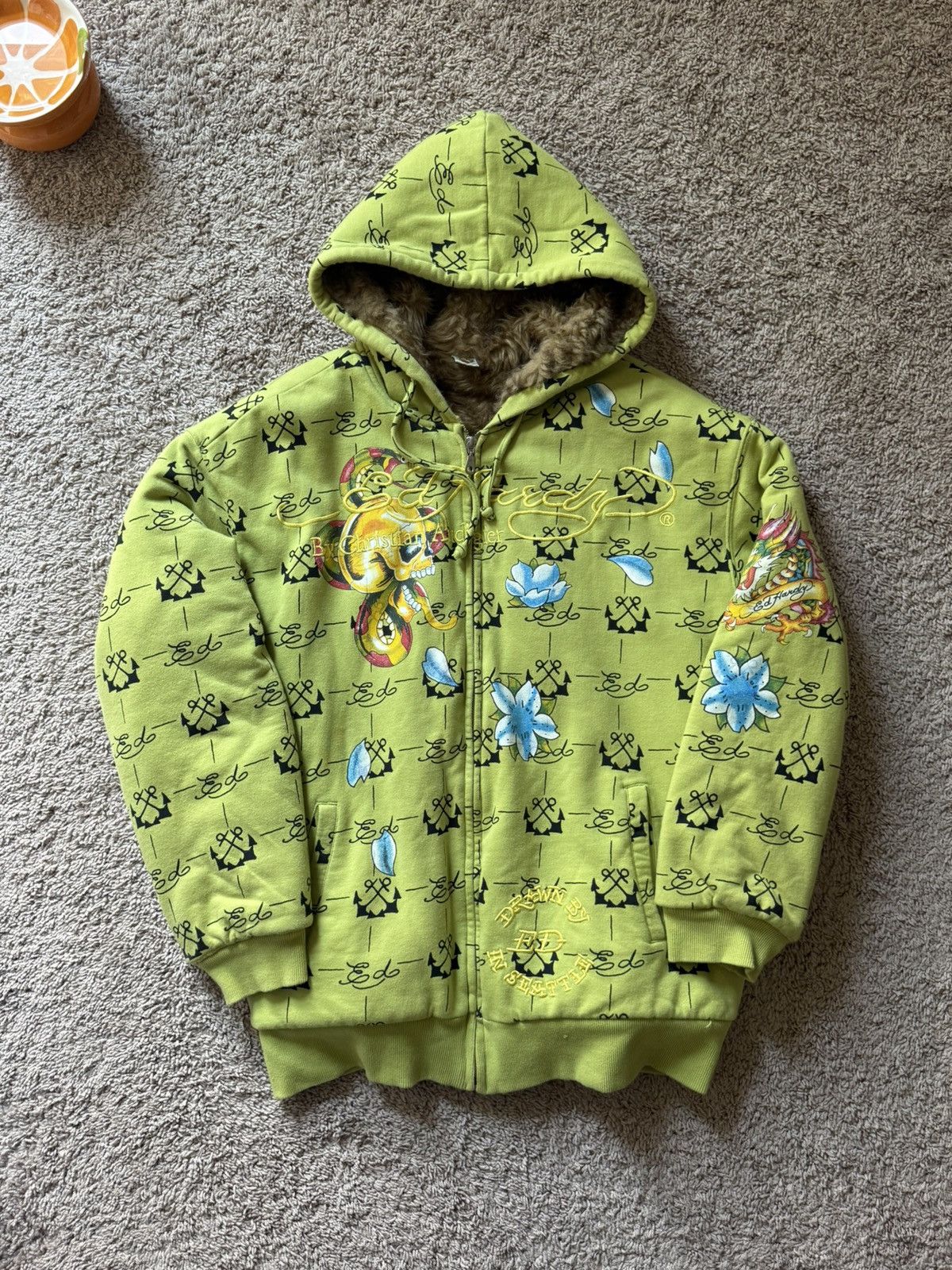 **Ed Hardy** Faux Fur Embroidered Zipup (Y2K)