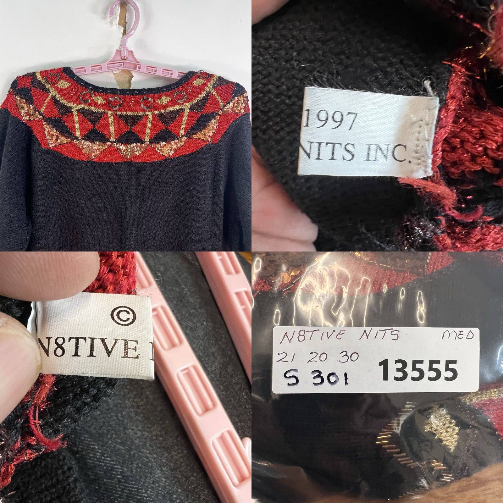 Vintage VINTAGE N8tive Knits Beaded Sweater Shirt Women M Black Red 1980s Sequined Embellished Size M / US 6-8 / IT 42-44 - 8 Thumbnail
