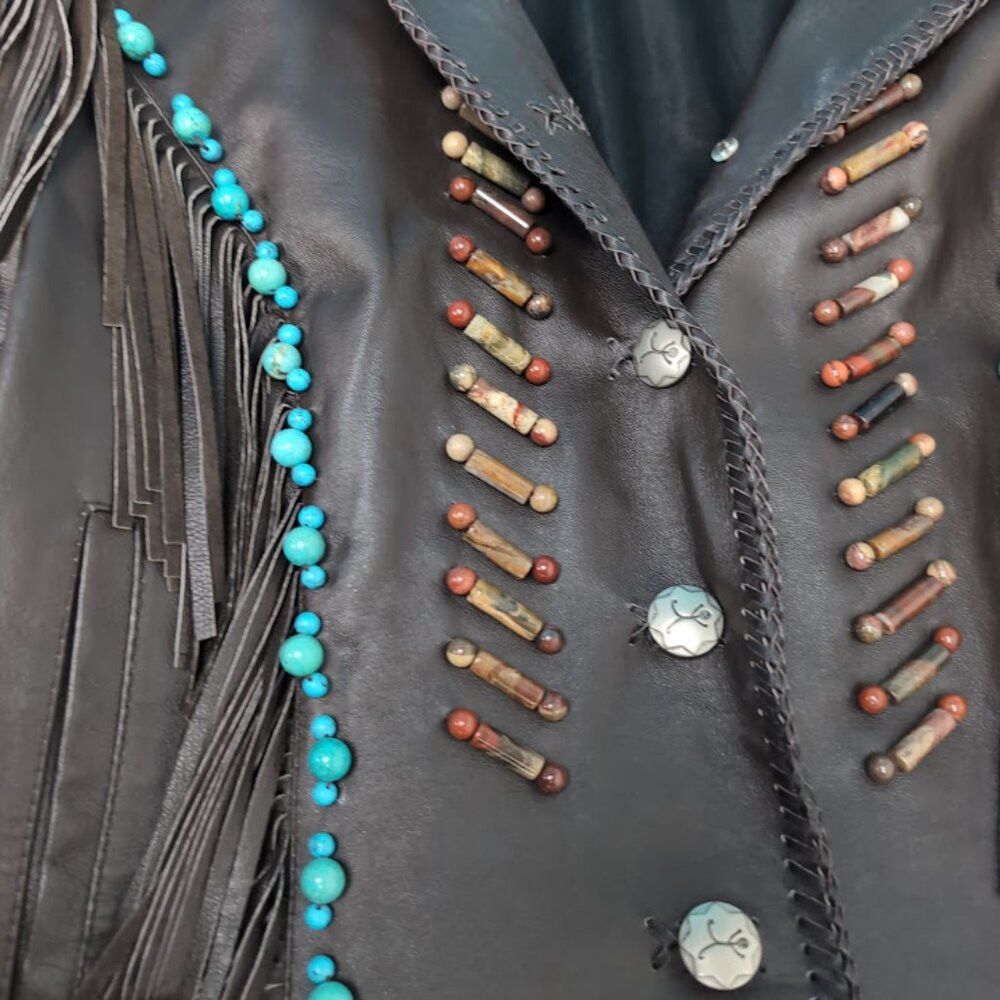 Other Vintage Red Clay People Black Leather Fringe and Bead Jacke Size M / US 6-8 / IT 42-44 - 3 Thumbnail