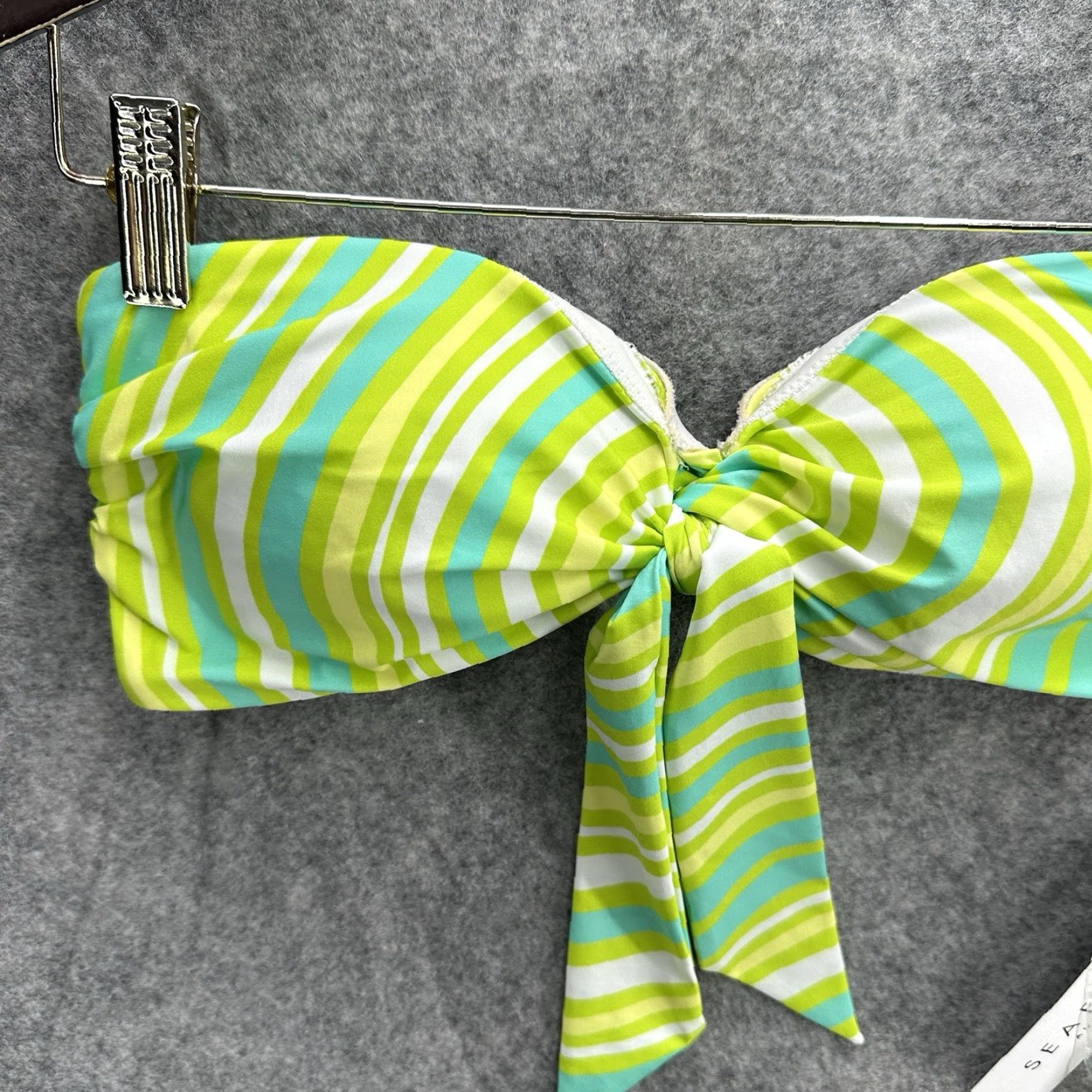 Vintage Seafolly Women's Tie Front Bandeau Bikini Top 6 AU Lime Green Geometric 70s 80s 90s Swimsuit Size M / US 6-8 / IT 42-44 - 2 Thumbnail