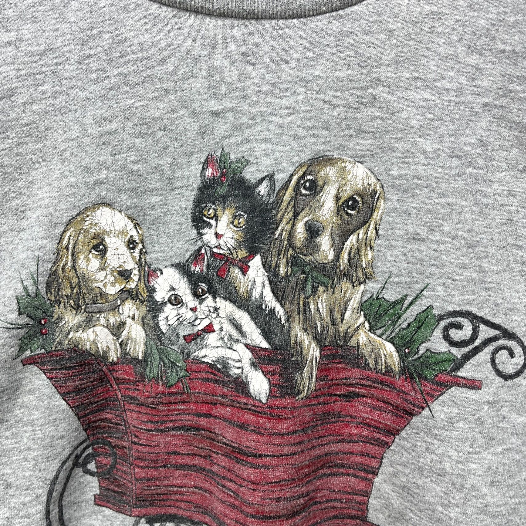 Vintage VINTAGE 90s Sweatshirt Men XL Gray Pullover Dog Cat Animal Nature Christmas Cute Large Size US XL / EU 56 / 4 - 2 Thumbnail
