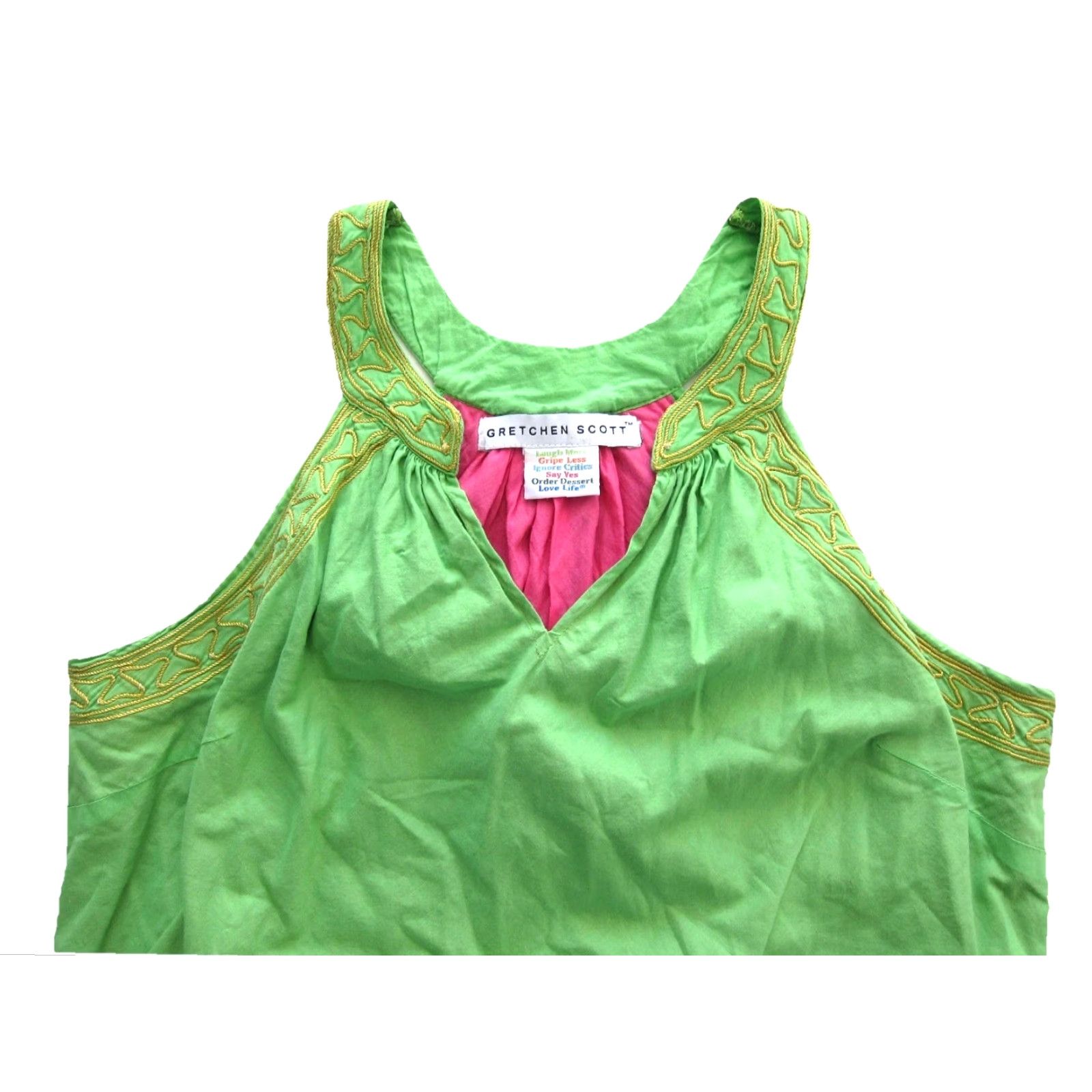 Vintage Gretchen Scott 100% Cotton Green Embroidered Gold Tunic Tank Dress M-L - Vintage Women's Maxi Kaftan Sleeveless V-Neck Pullover Dress Size M / US 6-8 / IT 42-44 - 5 Thumbnail