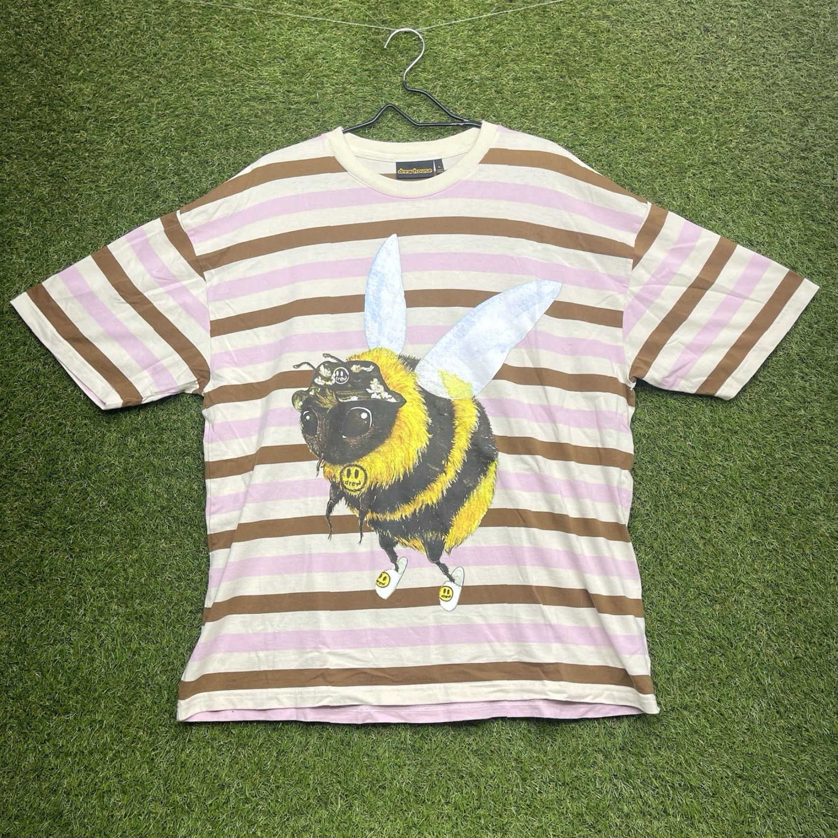 Drew House Drew House Mens L Multicolor Striped Crew Neck T-Shirt - 90s Cartoon Art Embroidered Bizzy Bee Short Sleeve Boxy Casual Size US 33 - 2 Thumbnail