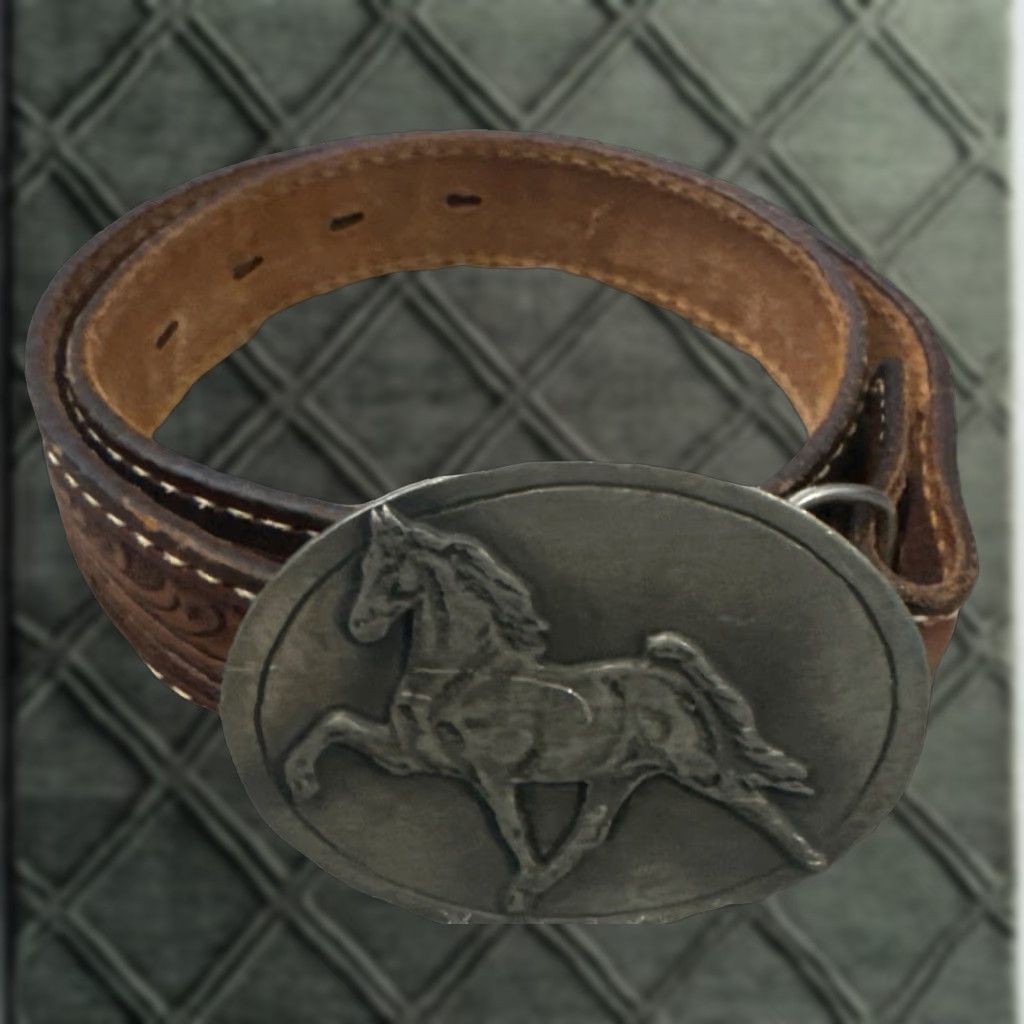 Tony Lama VINTAGE Tony Lama Inlay Leather Belt Pewter Horse Buckle Brown Adult Unisex 26” Size ONE SIZE - 1 Thumbnail