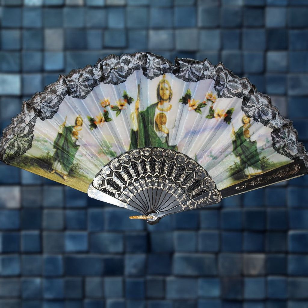 Vintage VINTAGE Hand Fan San Judas Tadeo Saint Jude Flowers Small Adult 16-inch Size ONE SIZE - 1 Thumbnail