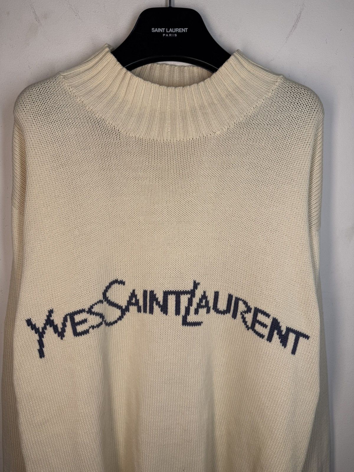 Yves Saint Laurent Cream YSL Sweater Knit Big Logo Turtleneck y2k Sweatshirt Size US L / EU 52-54 / 3 - 2 Thumbnail