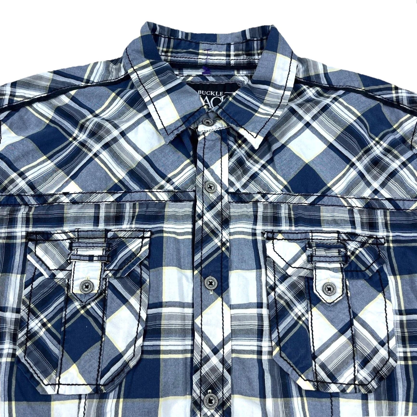 Buckle Black VINTAGE Buckle Shirt Men Large Blue Plaid Button Up Slim Fit Double Pocket Dress Adult Size 42R - 2 Thumbnail