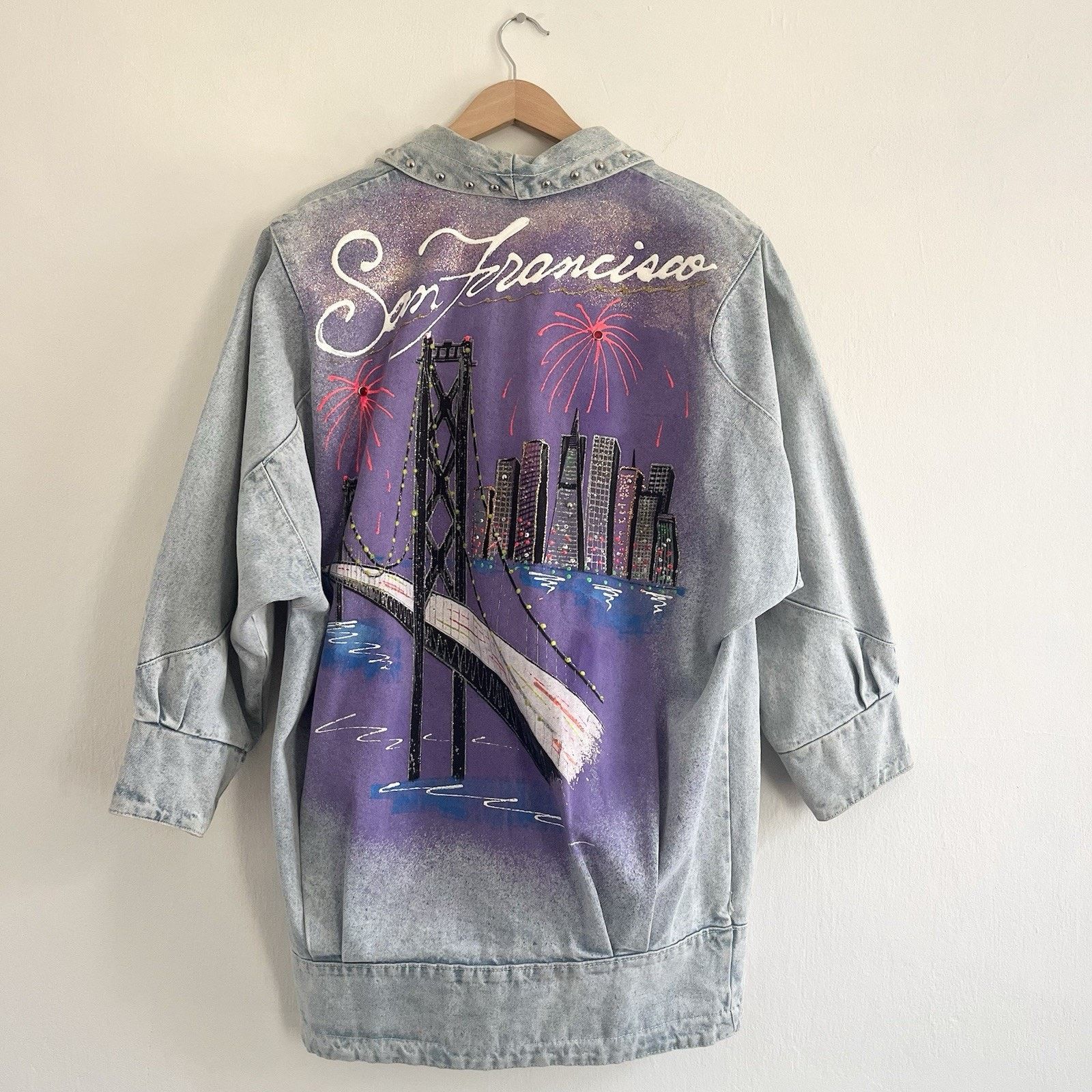 Vintage Hand-Painted Studded Denim Jacket San Francisco Cityscape Size L / US 10 / IT 46 - 1 Thumbnail