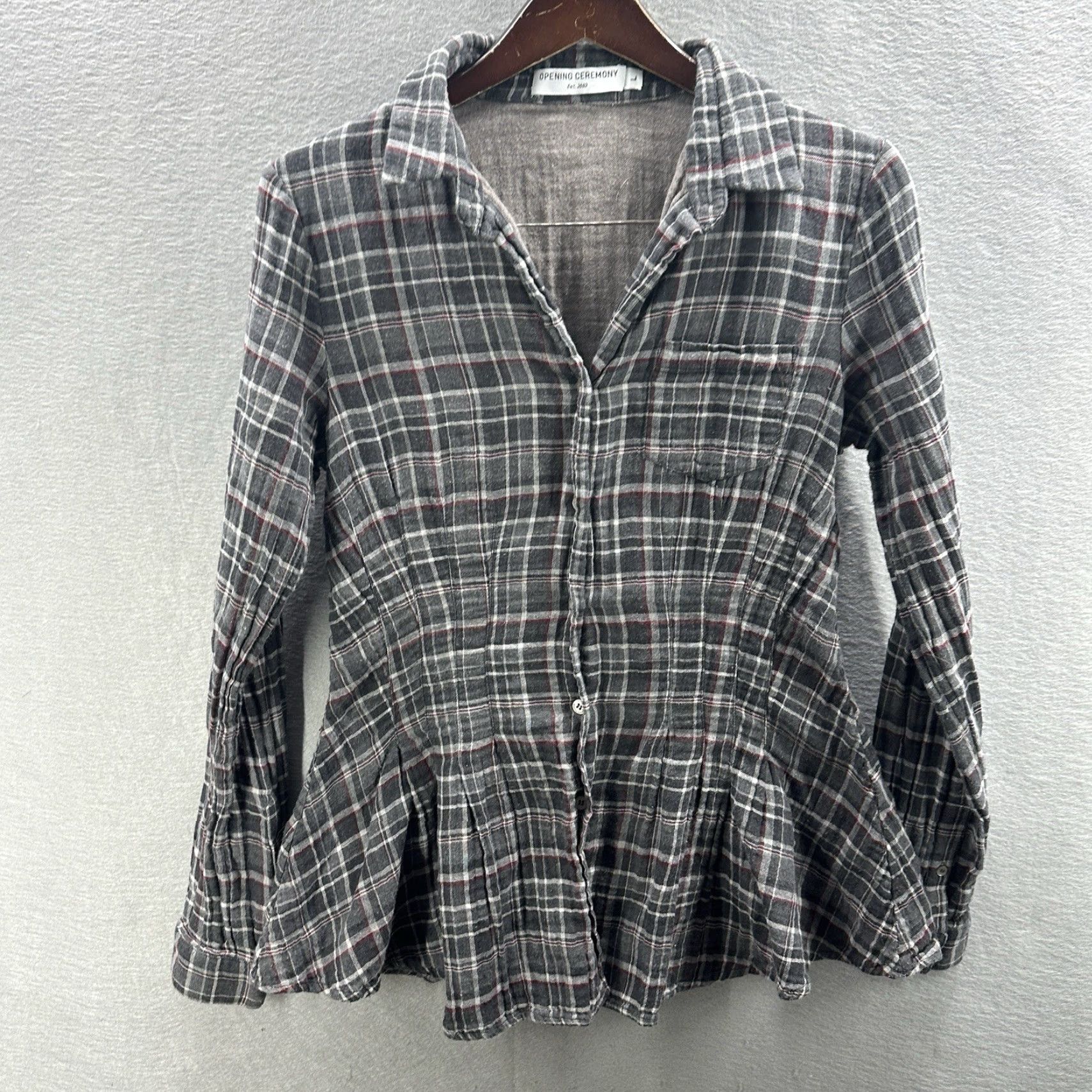 Opening Ceremony Opening Ceremony Peplum Blouse Womens Large Gray Plaid Muslin Quiet Luxury Cottage Size L / US 10 / IT 46 - 2 Thumbnail