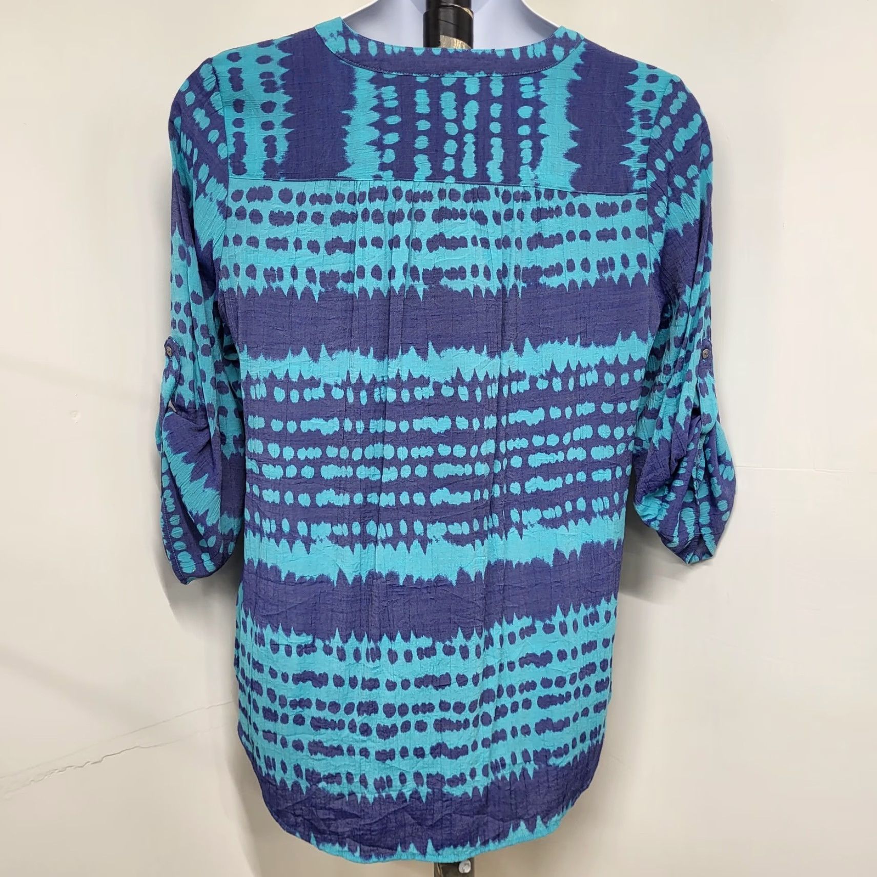 Vintage Kim Rogers Blouse Women 1X Tie Dye V-Neck Roll Tab Sleeve Purple Blue Top Knit Rayon Polyester Size XL / US 12-14 / IT 48-50 - 7 Thumbnail