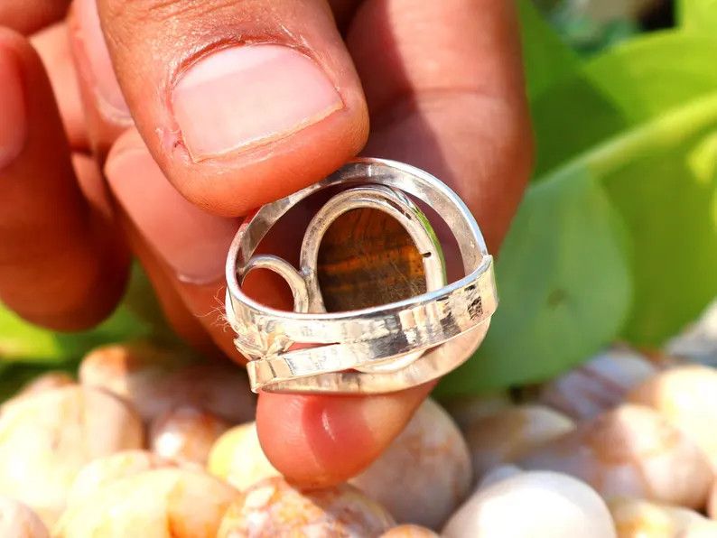 Handmade Tiger's Eye Ring, 925 Silver Ring, Handmade Oval Gemstone, Size ONE SIZE - 5 Thumbnail