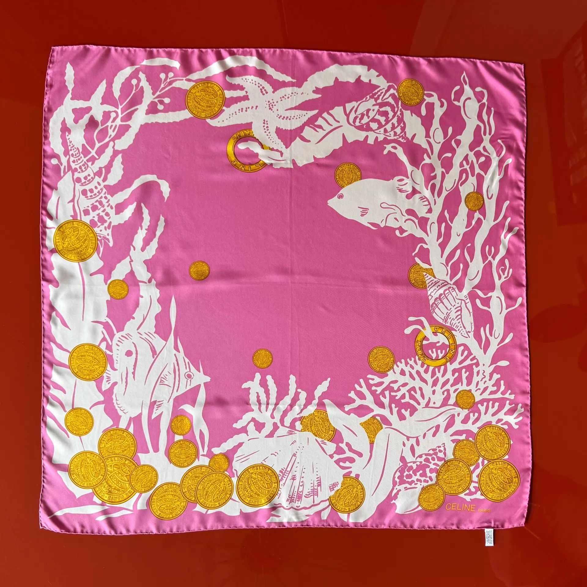 Celine Celine Vintage Pink Gold Coin Silk 90cm Scarf Underwater Size ONE SIZE - 7 Thumbnail