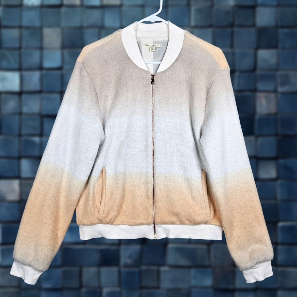 Anthropologie Anthropologie Paper Crown Bomber Jacket Women’s Orange Ivory L Zipper Logo Button Lightweight Faux Fur Size L / US 10 / IT 46 - 1 Thumbnail