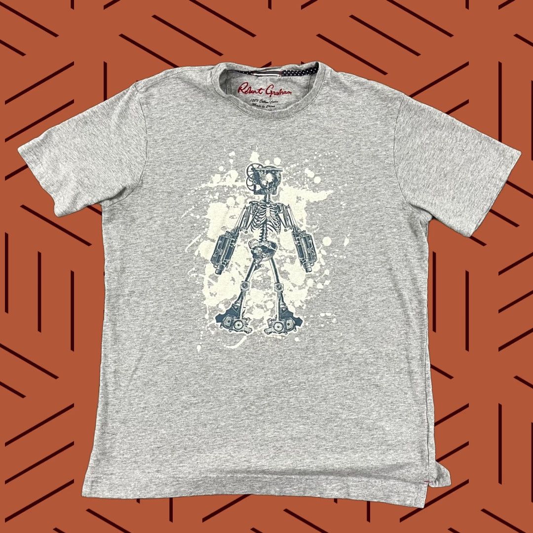 Robert Graham VINTAGE Robert Graham Men's T-Shirt Short Sleeve Crew Neck Graphic Print Skeleton Robot Heather Gray Size M All Seasons Size US M / EU 48-50 / 2 - 1 Thumbnail