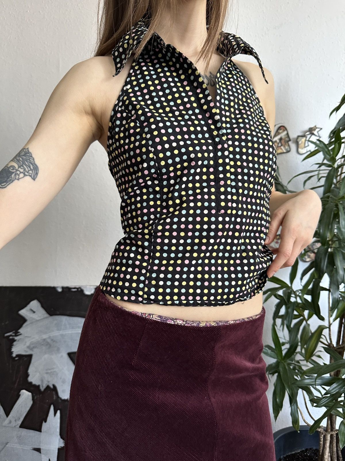 20471120 × Japanese Brand Sexy Halter Polka Dot Sleeveless V-neck Collared Top 00s Size M / US 6-8 / IT 42-44 - 2 Thumbnail