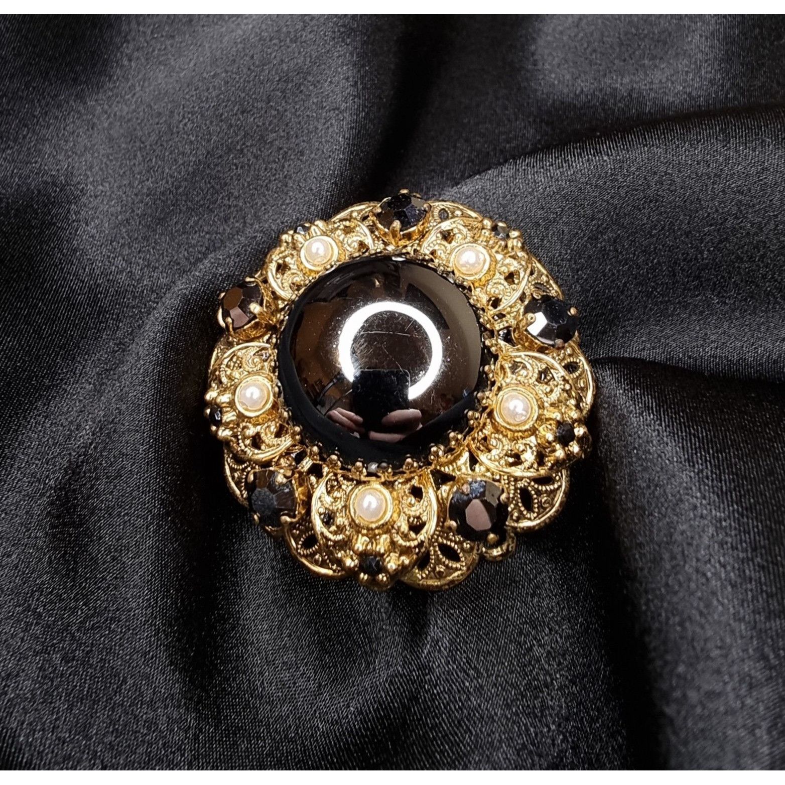 Vintage Vintage West Germany Signed Brooch W/ Black Grey Glass Cent Size ONE SIZE - 3 Thumbnail