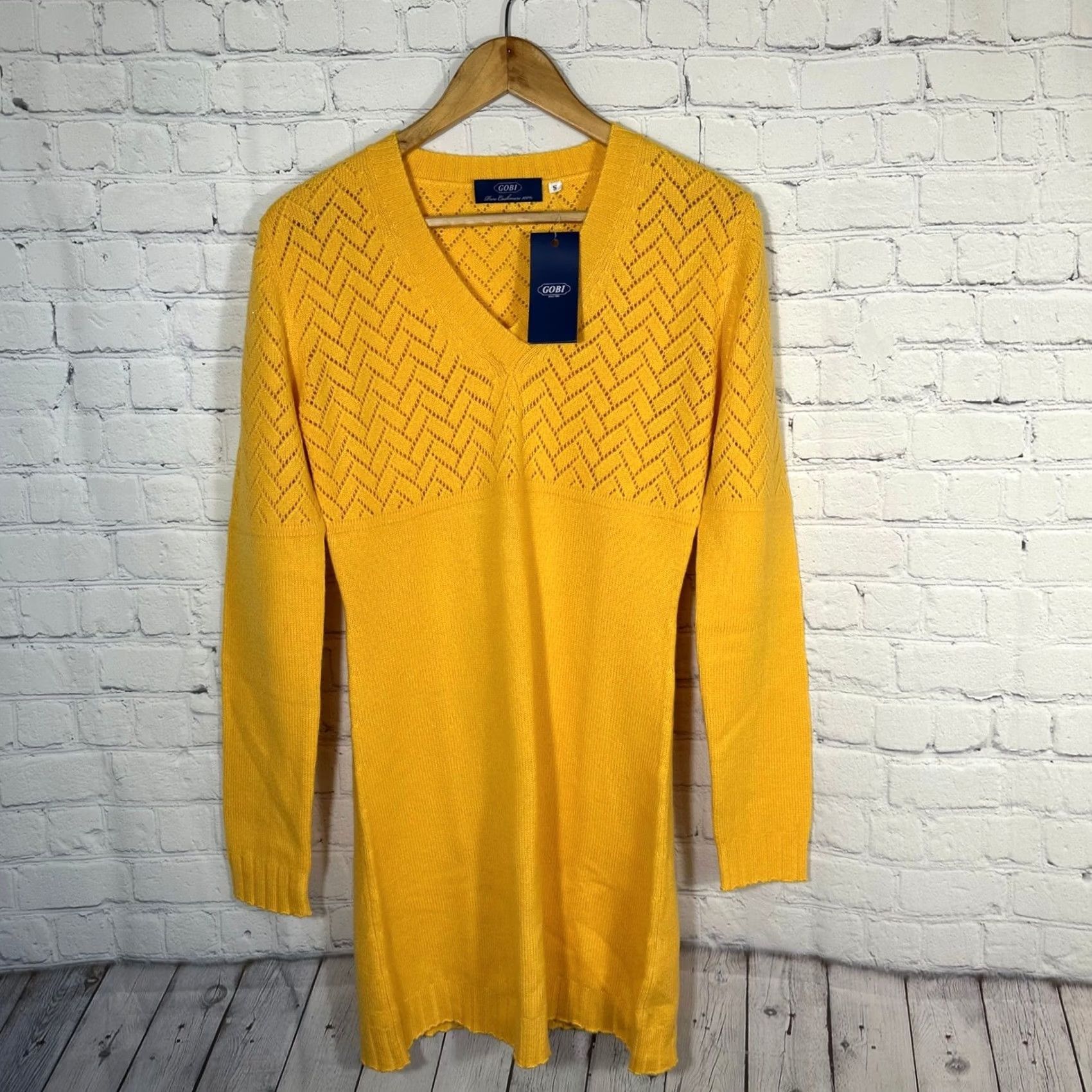 Vintage Gobi Cashmere Tunic Sweater Womens S Yellow V-Neck Chevron Pointelle Open-Knit Long Sleeve 100% Cashmere New Size S / US 4 / IT 40 - 2 Thumbnail
