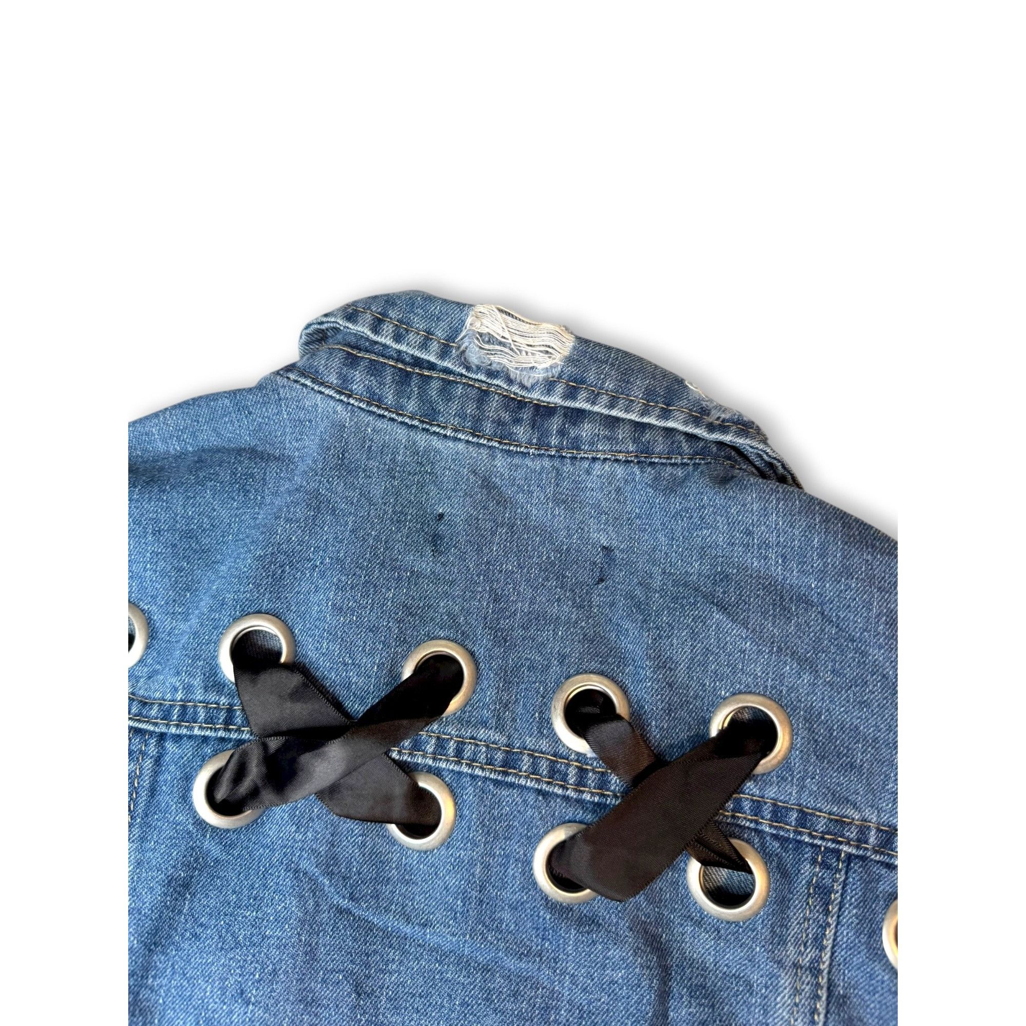 Almost Famous Crave Fame Denim Crop Jacket Distressed Hem Lace-Up Back Siz Size S / US 4 / IT 40 - 14 Thumbnail