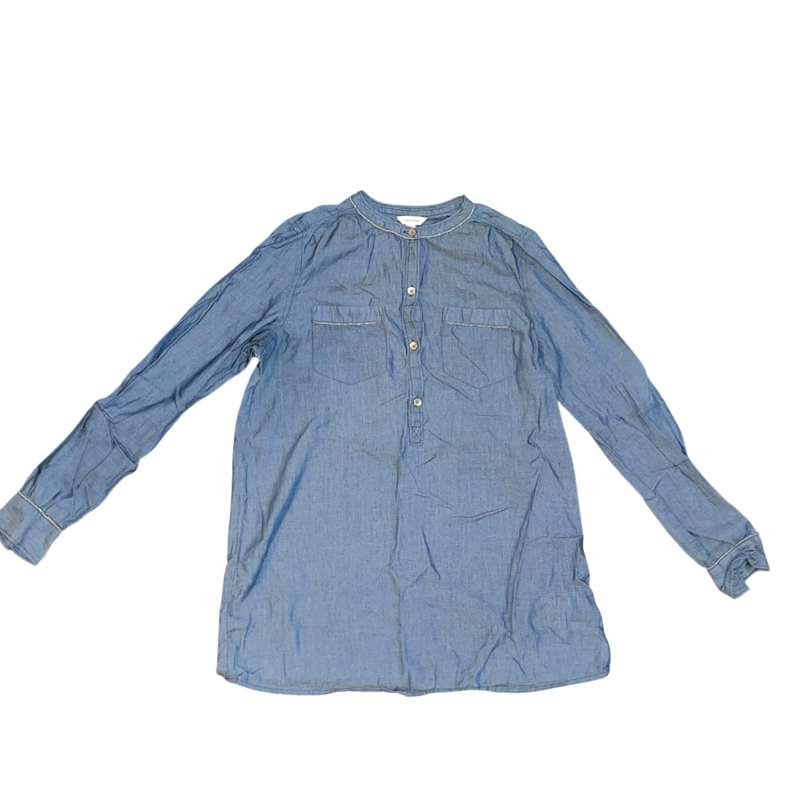 Calvin Klein "Denim" Style Chambray Tunic Blouse Western Cowgirl Casual Size S / US 4 / IT 40 - 1 Thumbnail