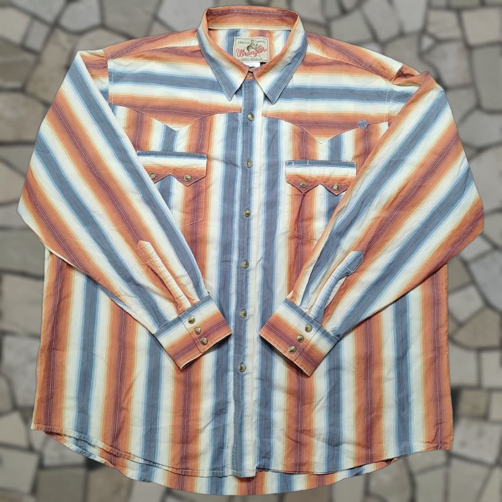 Wrangler Wrangler Mens XL Orange White Blue Sawtooth Striped Pearl Snap Western Cowboy Size US XL / EU 56 / 4 - 1 Thumbnail