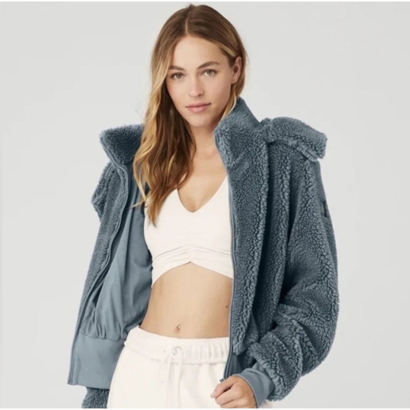 Alo Alo Yoga Foxy Sherpa Jacket XS Steel Blue Faux Fur Full Zip Size XS / US 0-2 / IT 36-38 - 5 Thumbnail