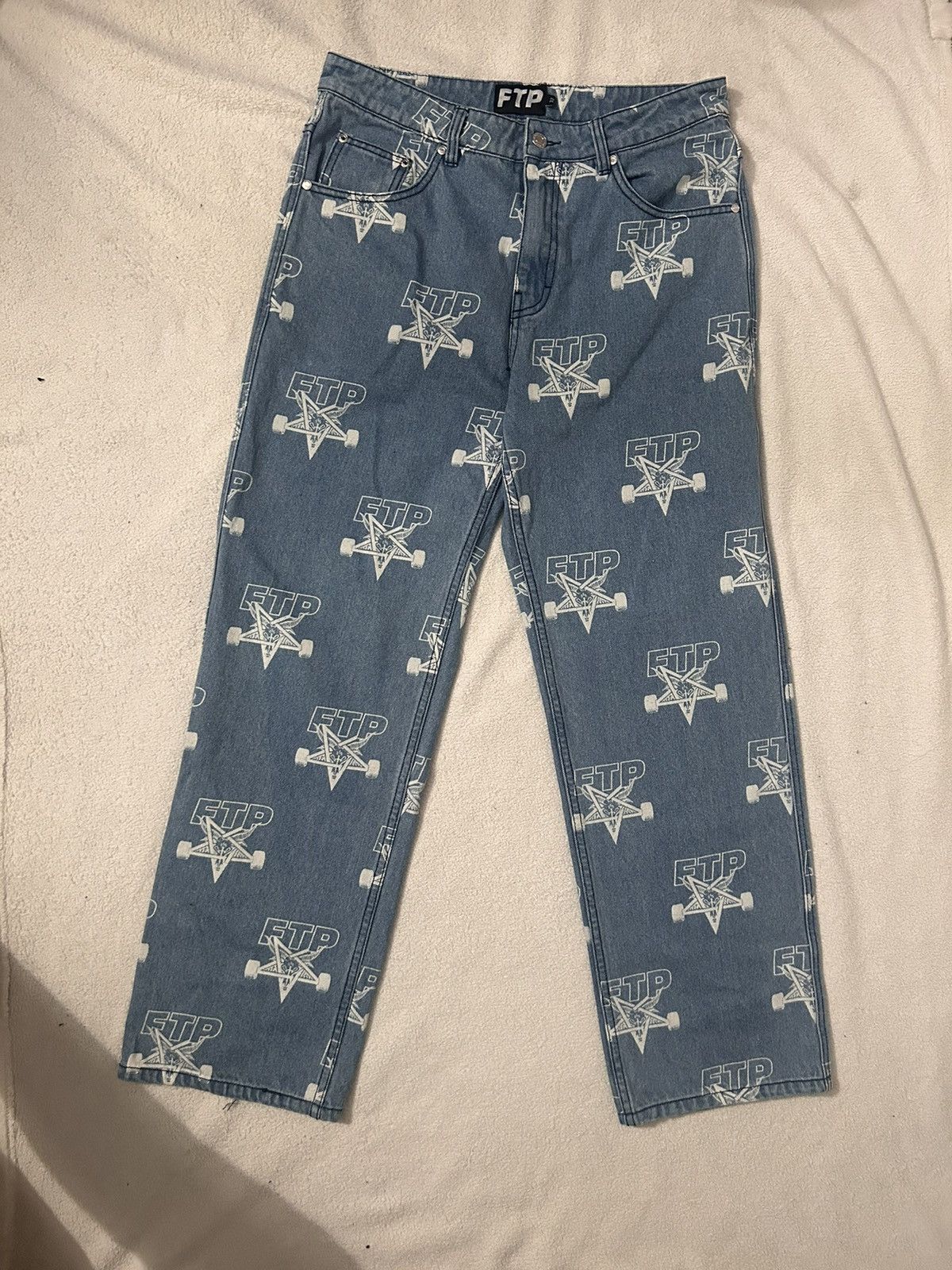 image of Fuck The Population x Thrasher Ftp Thrasher All Over Skategoat Print Denim Jeans Size 32 in Blue