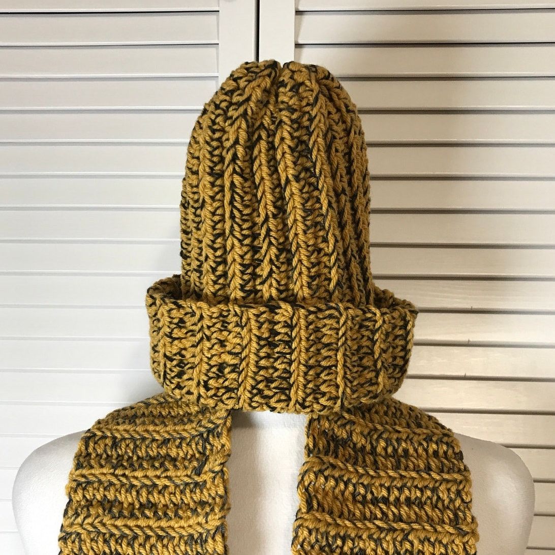Handmade NWT Handmade Crocheted Gold Black Beanie & Scarf 58” Size ONE SIZE - 2 Thumbnail