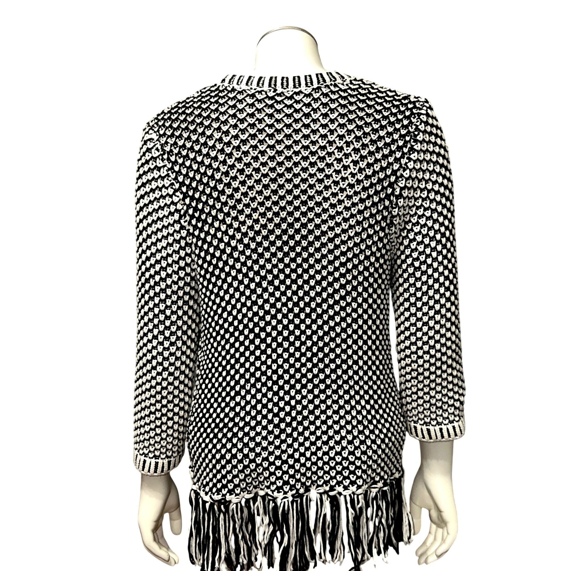 Chicos Chicos Black White Fringed Open Front Knit Cardigan Sweater Size M / US 6-8 / IT 42-44 - 3 Thumbnail