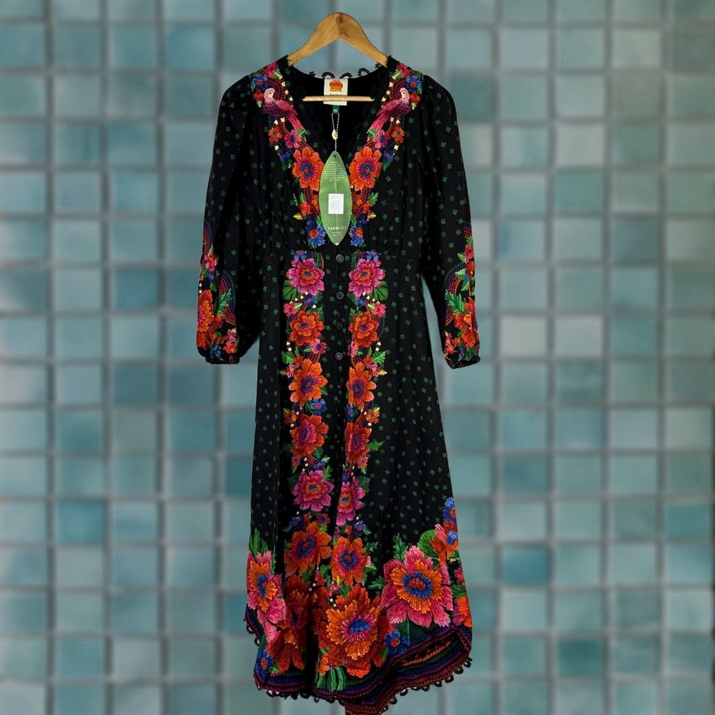Farm Rio Farm Rio Dress Blooming Garden Black Floral Midi NWT V-Neck Puff Sleeve Button-Down A-Line Linen Viscose multicolor 2XS Womens Size XXS / US 00 / IT 34 - 1 Thumbnail