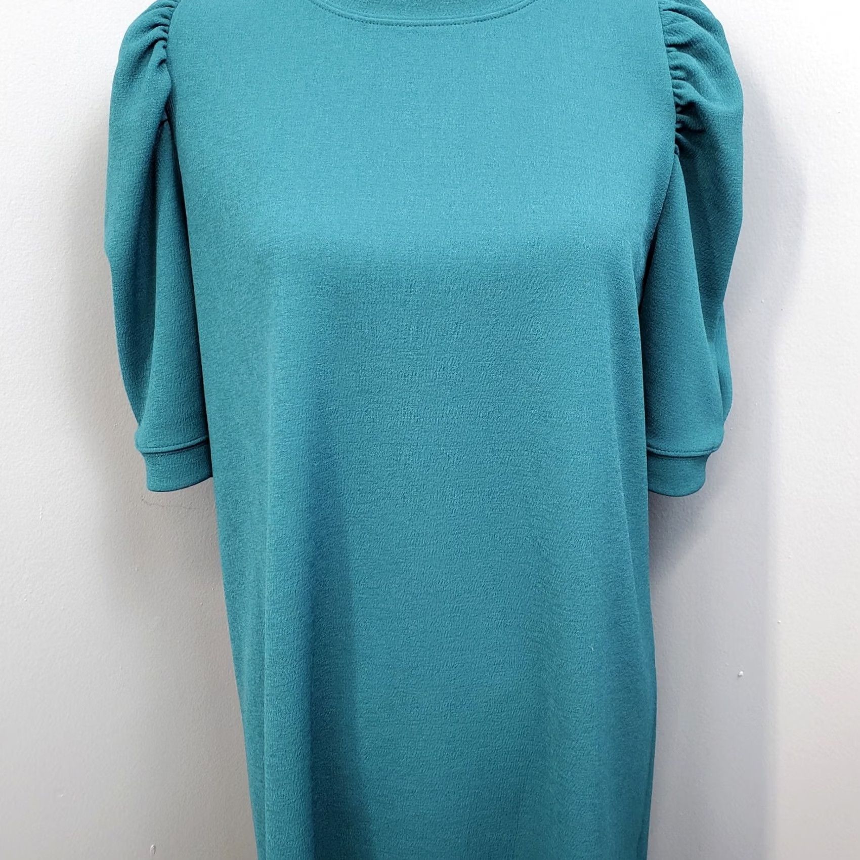 Zara Zara Womens Teal Solid Sheath Dress Size M Puff Sleeve Round Neck Pullover Midi Casual Size M / US 6-8 / IT 42-44 - 4 Thumbnail