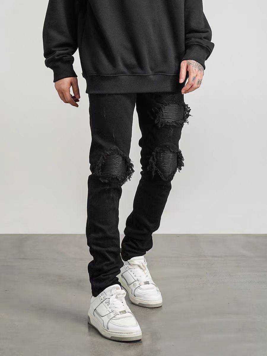 image of High Street Motorcycle Patchwork Ripped Patch Jeans in Black, Men's (Size 32)