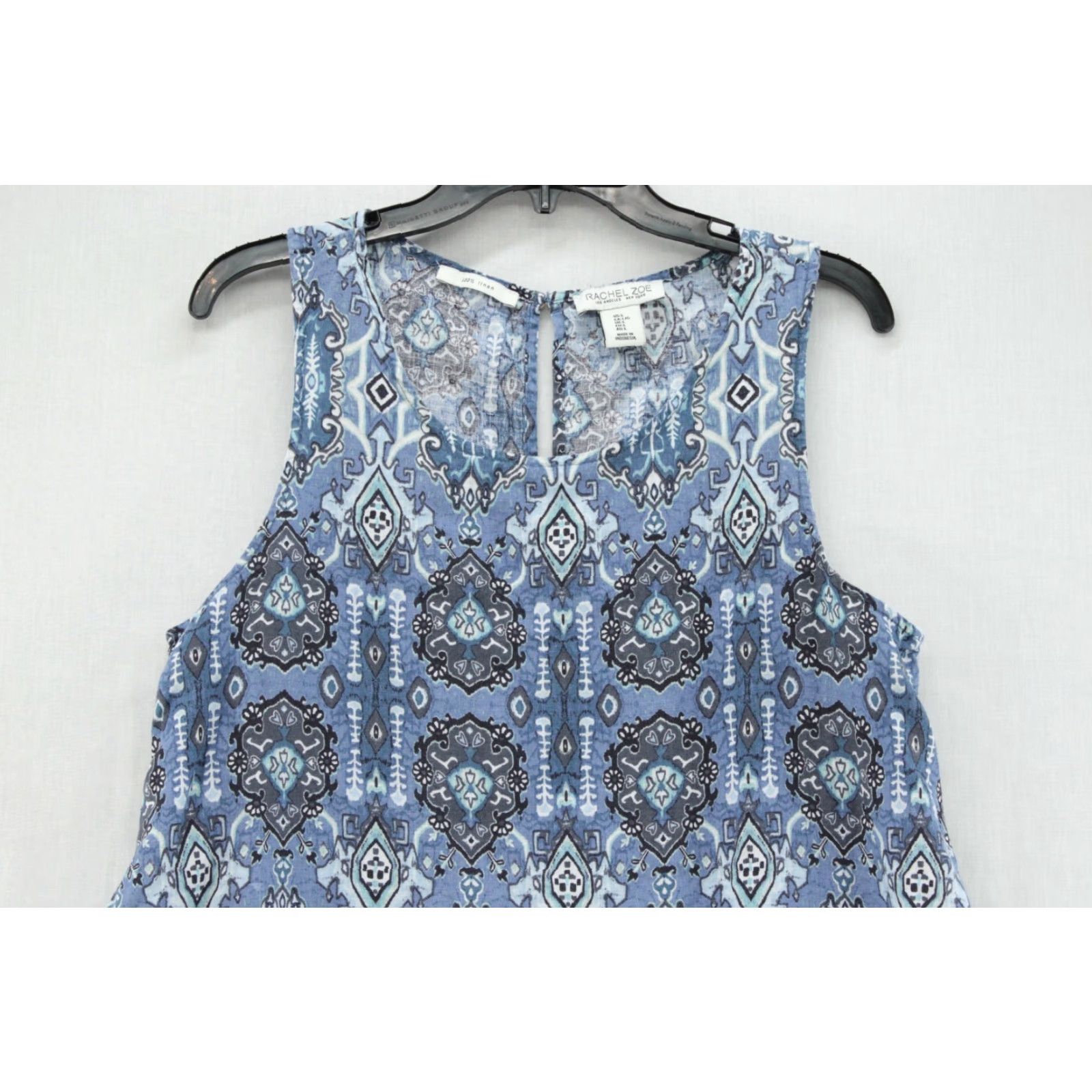 VINTAGE Rachel Zoe Sleeveless Shift Dress Womens Size L Geometric 100% Linen  Pockets Blue 34\" Back of Neck to Hem Womens - www.bongoclub.cl