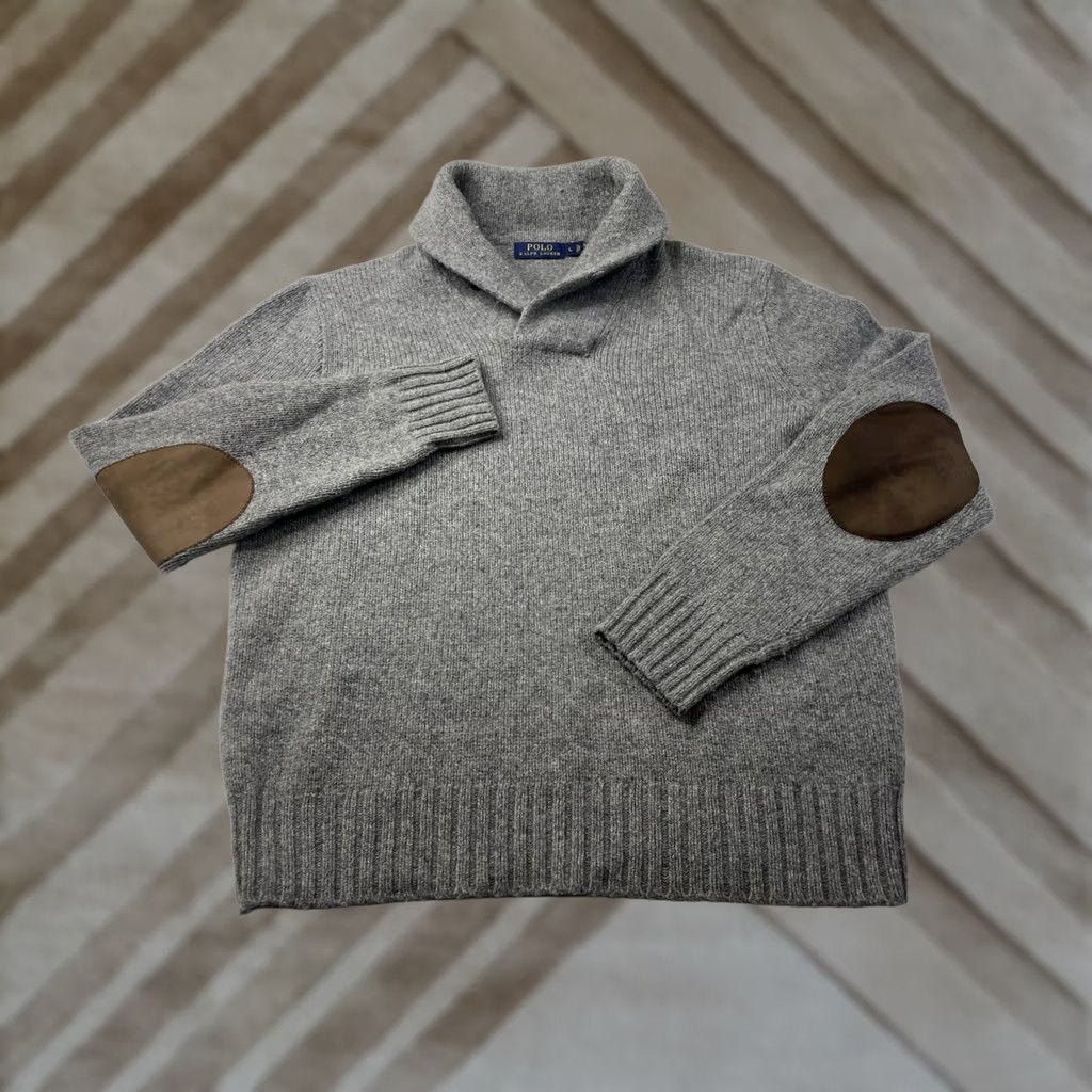 Polo Ralph Lauren Polo Ralph Lauren Mens Large Gray Shawl Leather Elbow Patches Pullover Sweater Size US L / EU 52-54 / 3 - 1 Thumbnail