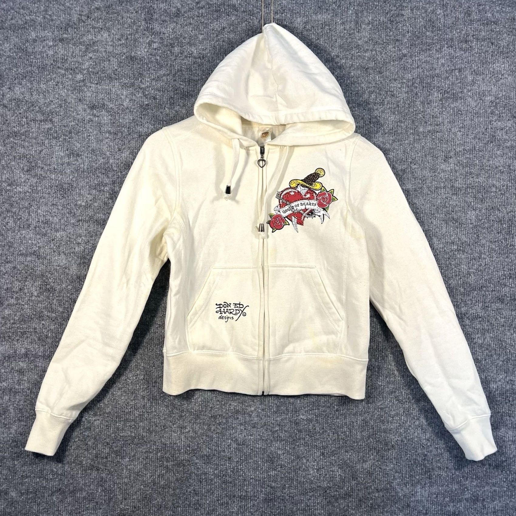 Ed Hardy VINTAGE Ed Hardy Hoodie Womens Medium Zip Hooded Rhinestone Hearts White Cotton Regular Sleeve Long Sleeve Size M / US 6-8 / IT 42-44 - 5 Thumbnail