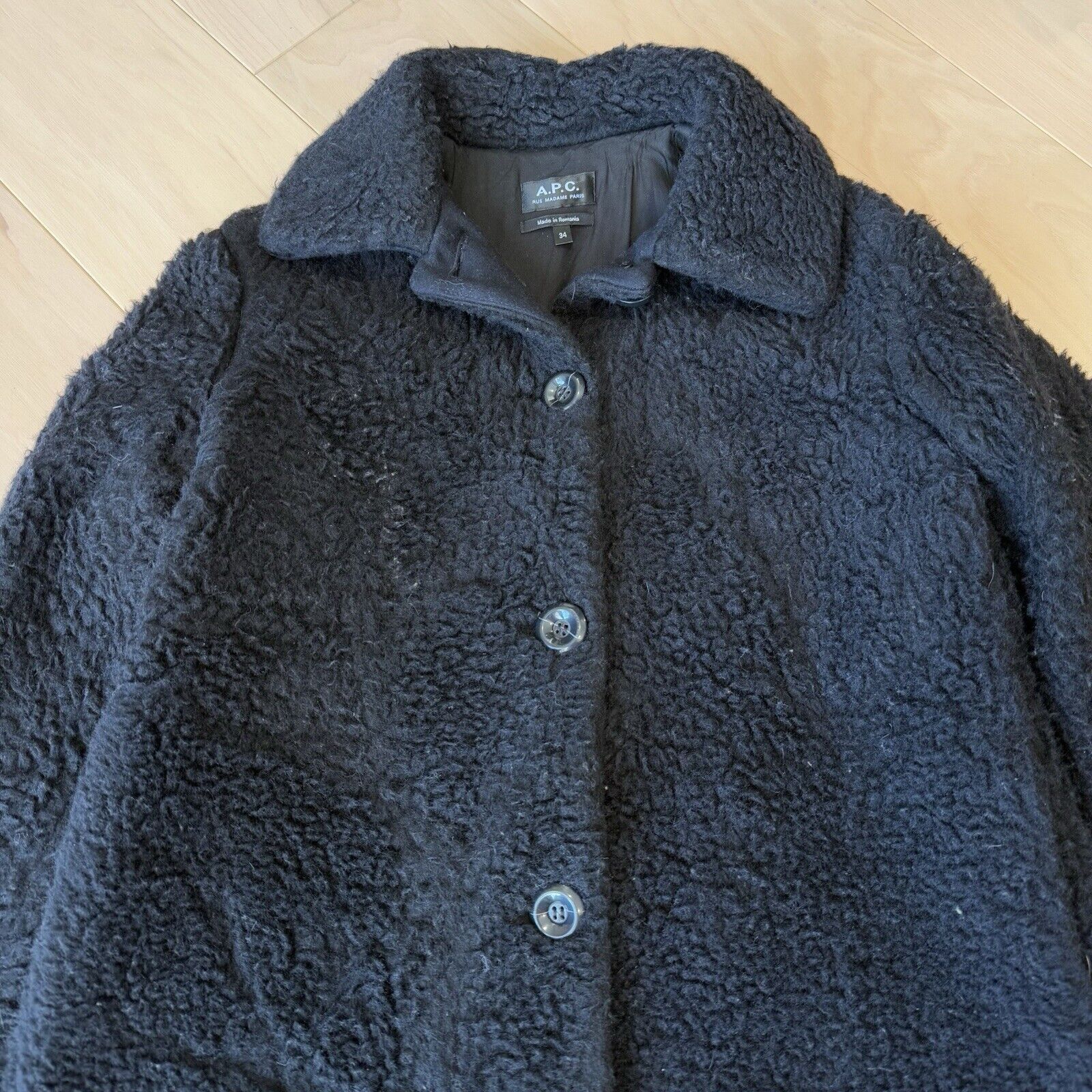A.P.C. APC Shearling Jacket 34 Black Wool Cotton Long Tench Sherpa Size US M / EU 48-50 / 2 - 3 Thumbnail